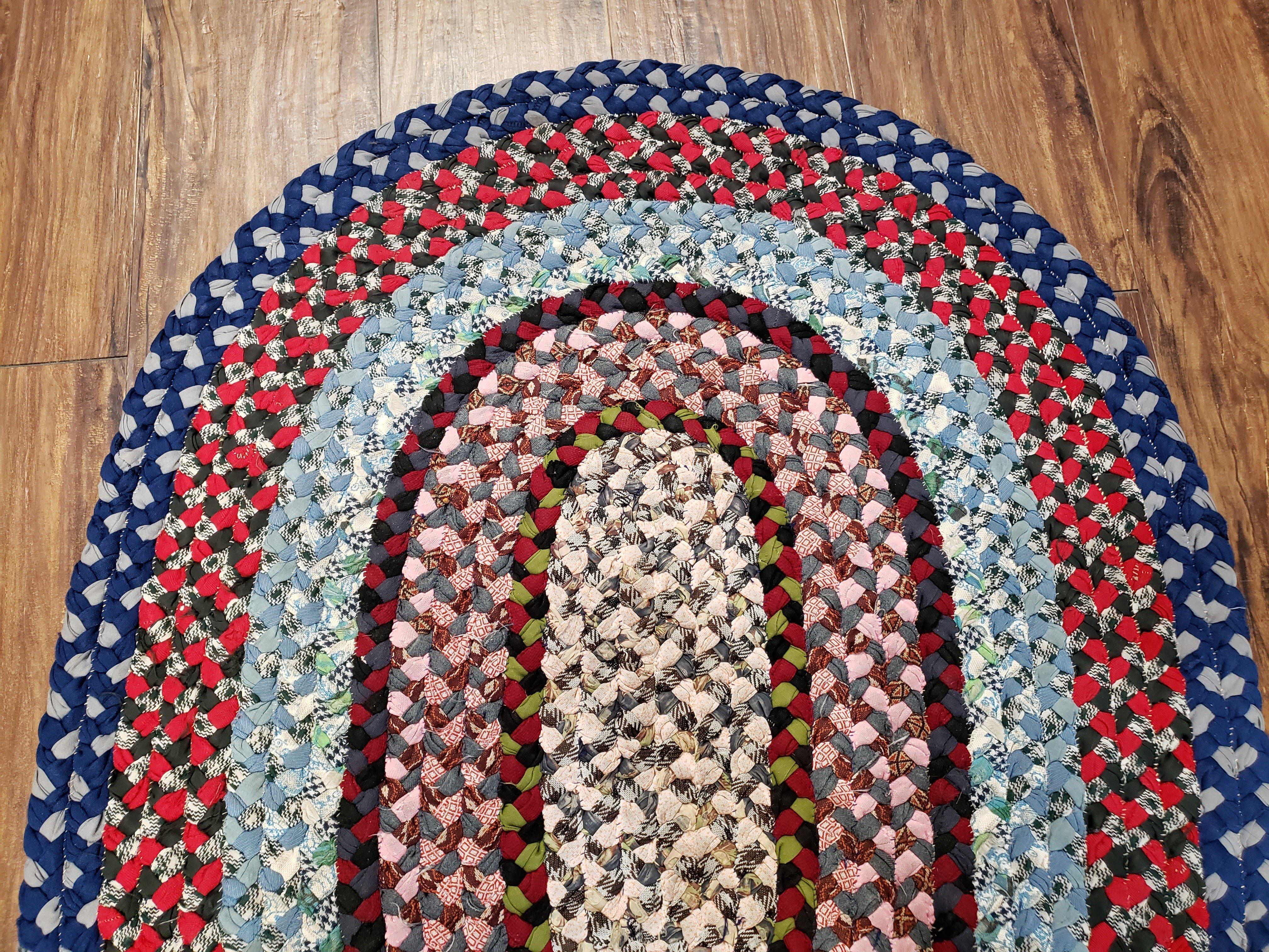 Oval Braided Rug, Vintage Hand Braided Rug, Blue Oval Rug, Multicolor Braided Rug, American Braided Rug, Small Oval Braided Rug, Area Rug - Jewel Rugs