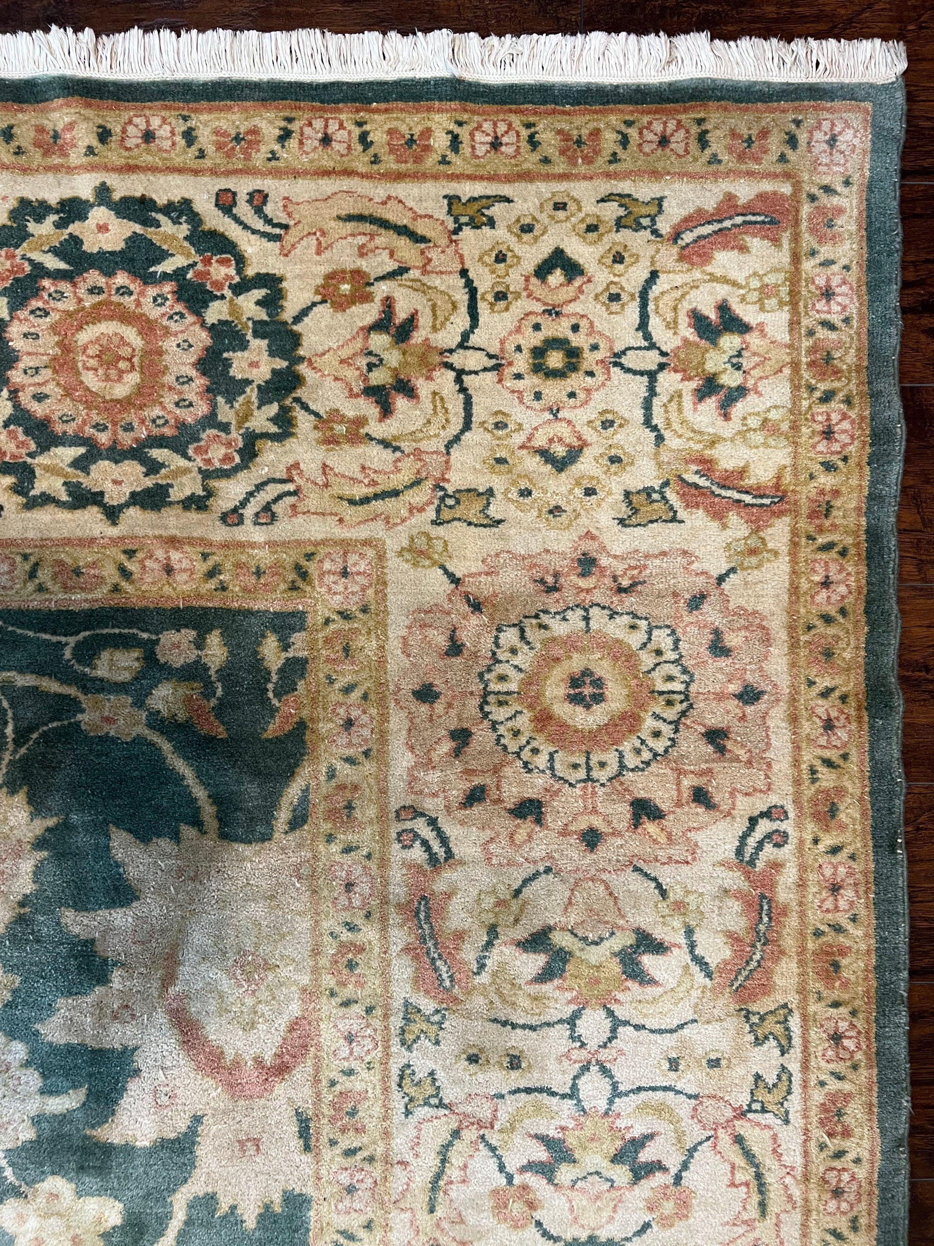 Egyptian Mahal Rug 10x14, Large Vintage Floral Hand Knotted Wool Carpet 10 x 14, Dark Green and Beige Traditional Handmade Persian Area Rug - Jewel Rugs