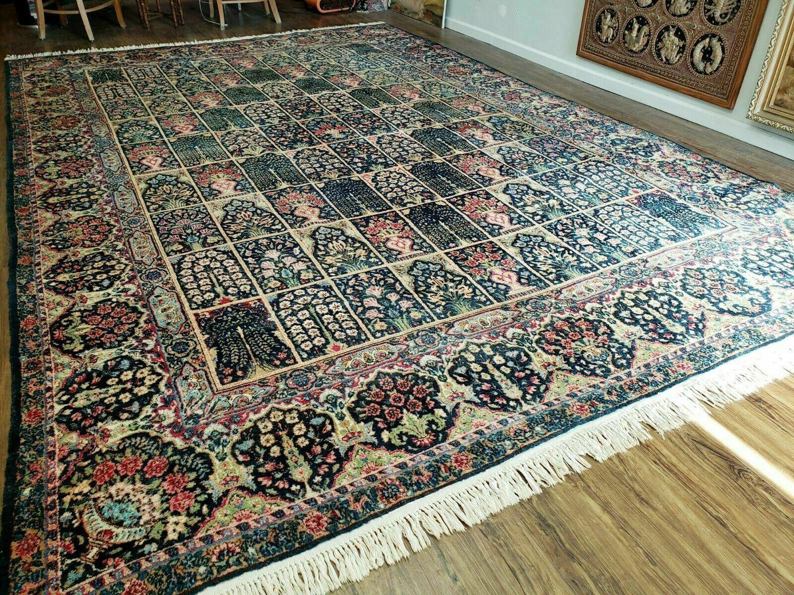 Persian Rug 10x15, Authentic Oriental Carpet 10 x 15, Wool Area Rug Panel Design Hand-Knotted Vintage Kirman Yazd Rug, Dark Blue and Beige, Floral - Jewel Rugs