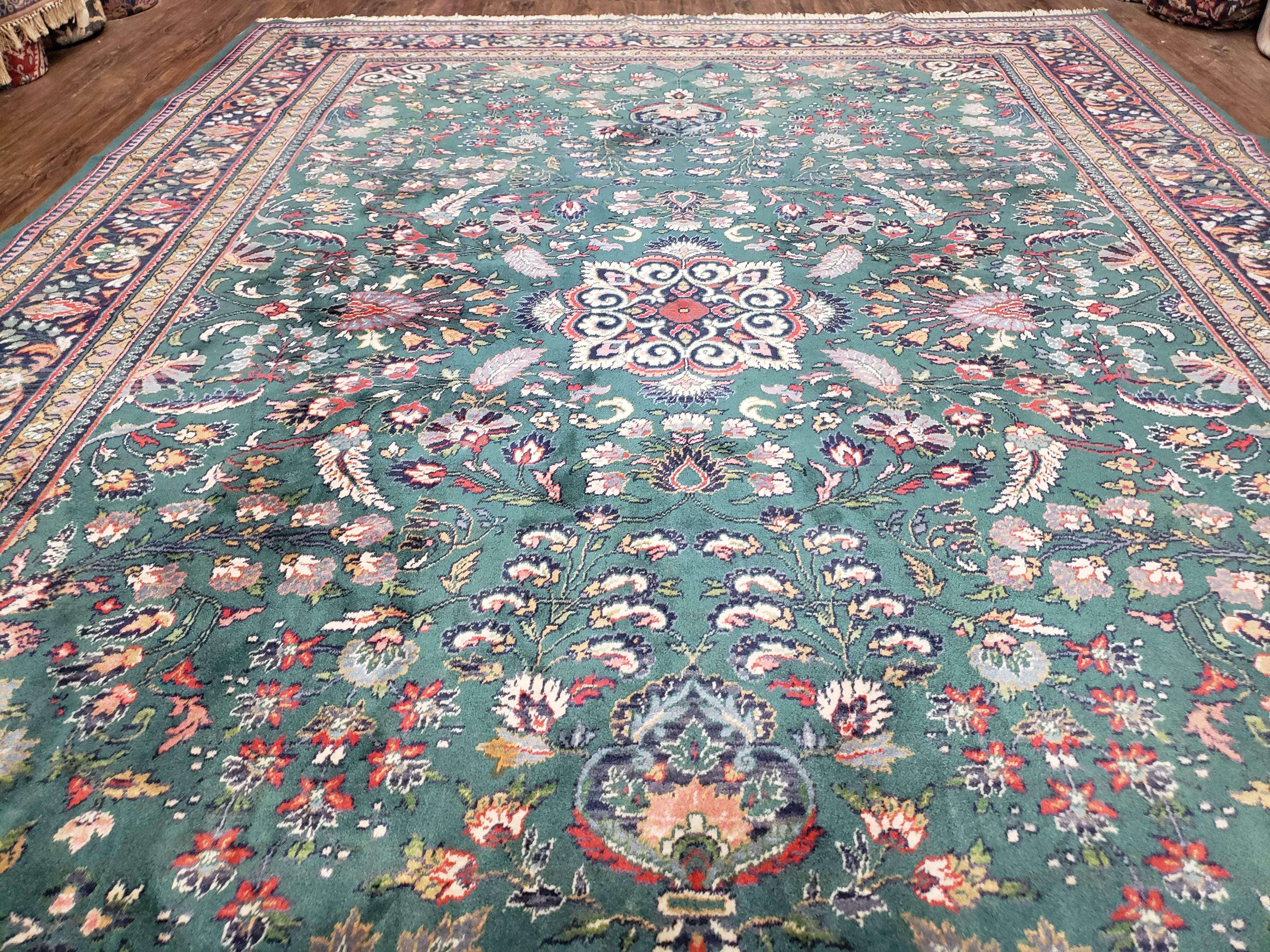 Vintage Traditional Oriental Rug, Pine Green & Midnight Blue Carpet, Louis de Poortere, 8x11 Belgium Power-Loomed Rug, Allover Floral Design - Jewel Rugs