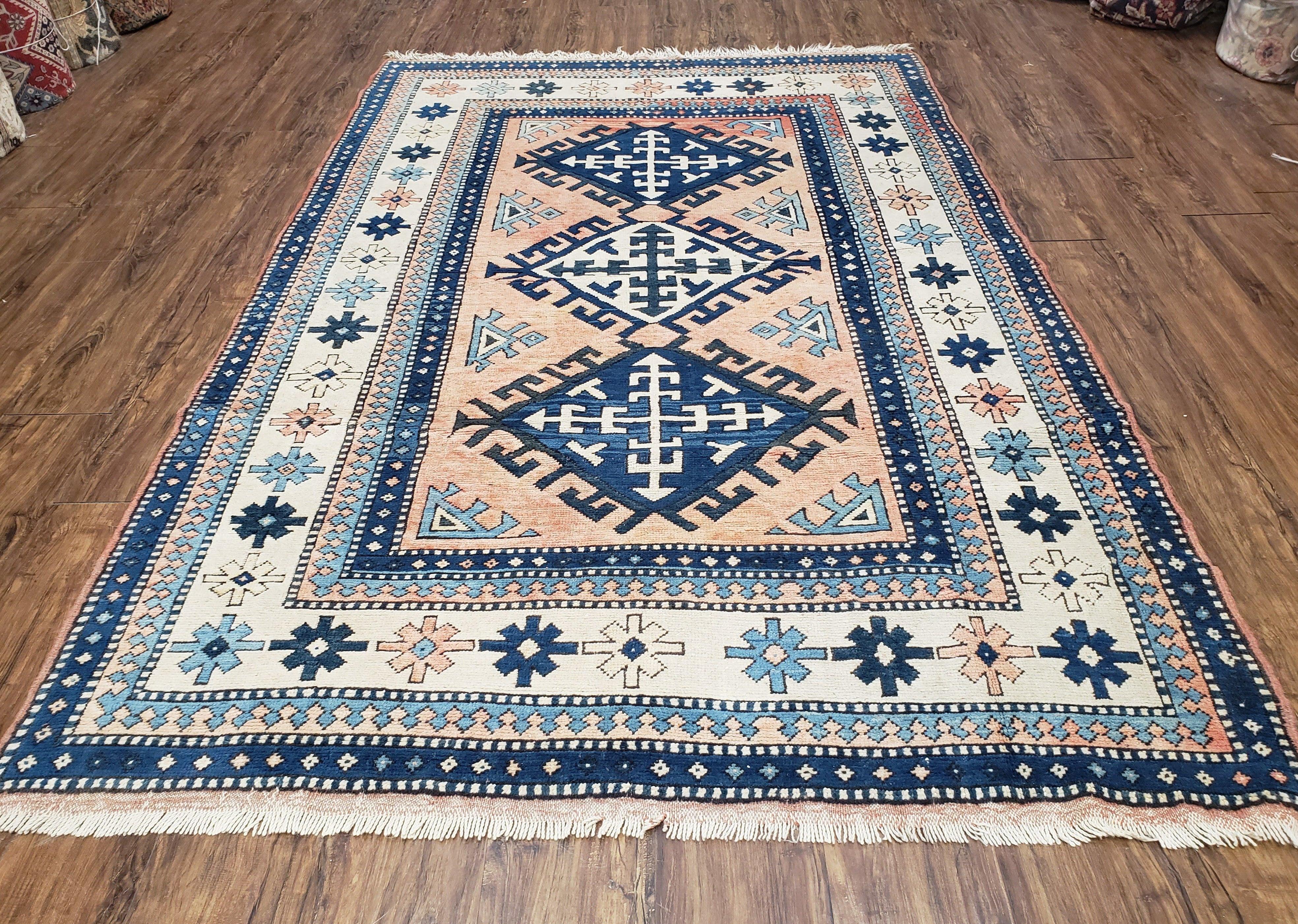 Turkish Kazak Rug 5x8 ft, Bold Geometric Bohemian Carpet, Blue and Ivory Hand Knotted Area Rug, Medium Sized High Quality Wool Oriental Rug - Jewel Rugs