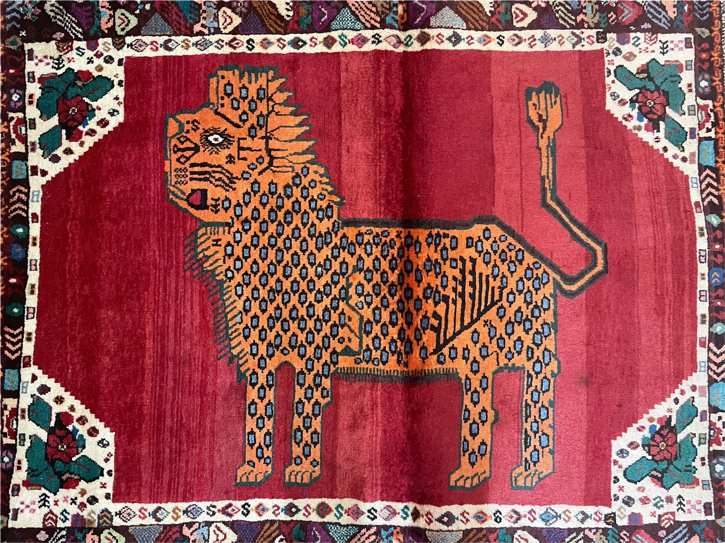 Antique Persian Gabbeh Wool Rug 4x5, Lion Pictorial Rug, Red Orange Black, Hand Knotted Handmade Vintage Gabbeh Carpet 4 x 5 ft, Tribal Rug - Jewel Rugs