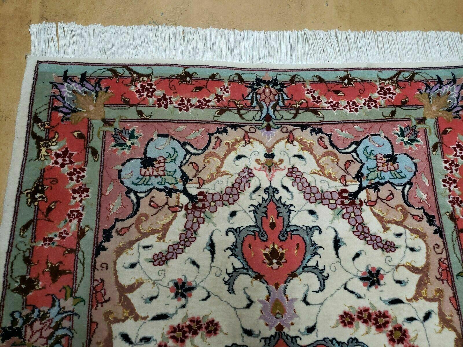 Small Vintage Persian Tabriz Wool and Silk Rug 2.5 x 4 ft, Very Finely Hand Knotted, Medallion, Ivory Salmon Light Blue, Top Quality, Pair B - Jewel Rugs