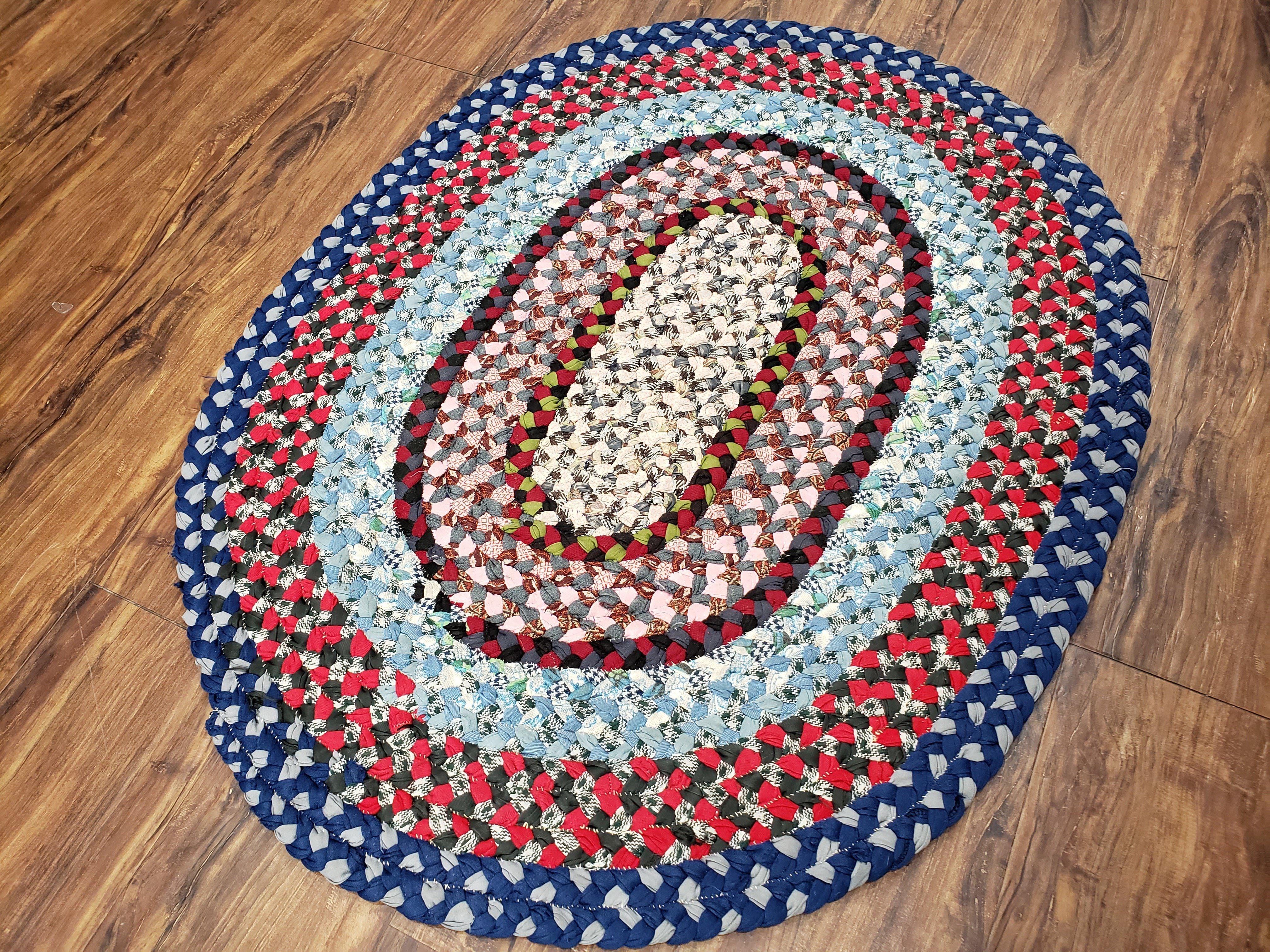 Oval Braided Rug, Vintage Hand Braided Rug, Blue Oval Rug, Multicolor Braided Rug, American Braided Rug, Small Oval Braided Rug, Area Rug - Jewel Rugs