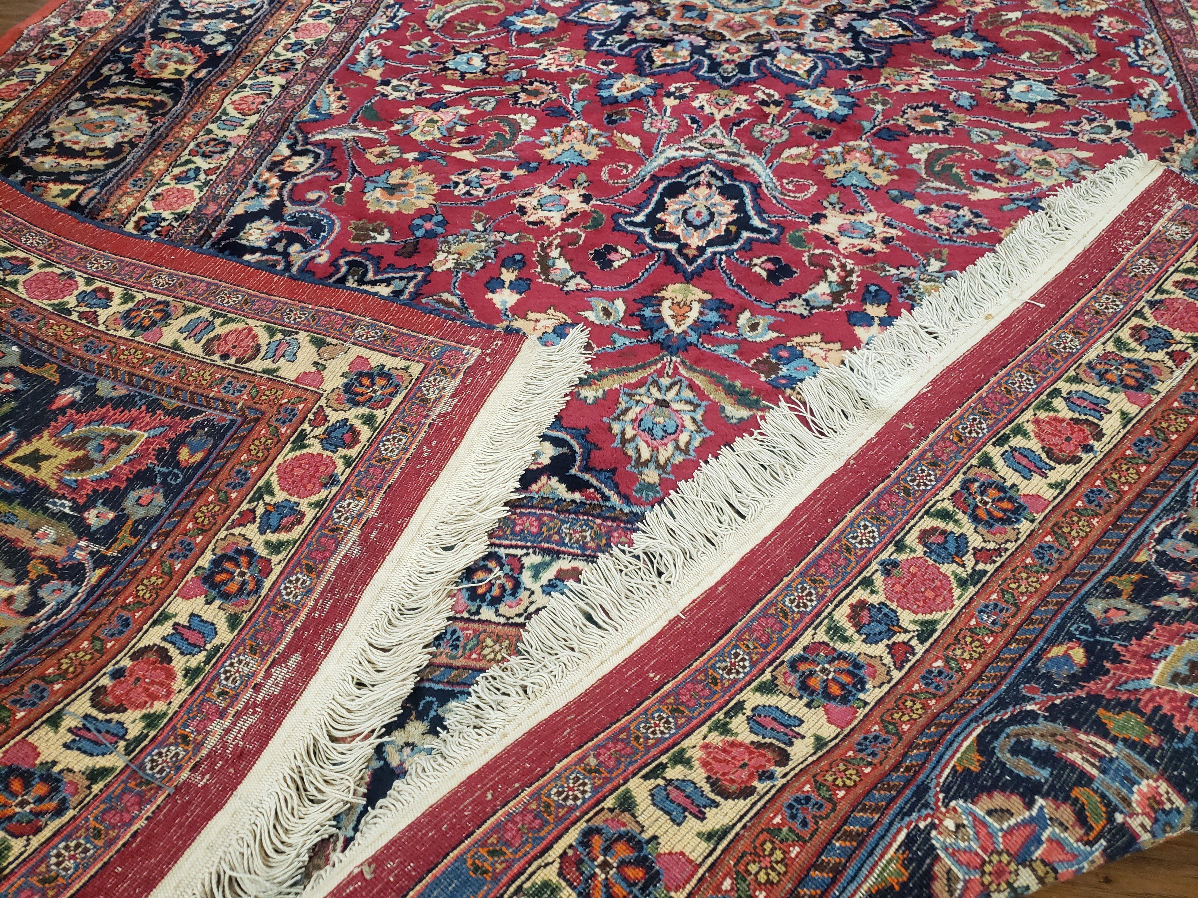 1950s Persian Mashad Rug 8' 3" x 11' 7", Room Sized Persian Carpet, Semi Antique, Medallion with Floral Allover Pattern, Red and Navy Blue Signature Master Weaver - Jewel Rugs