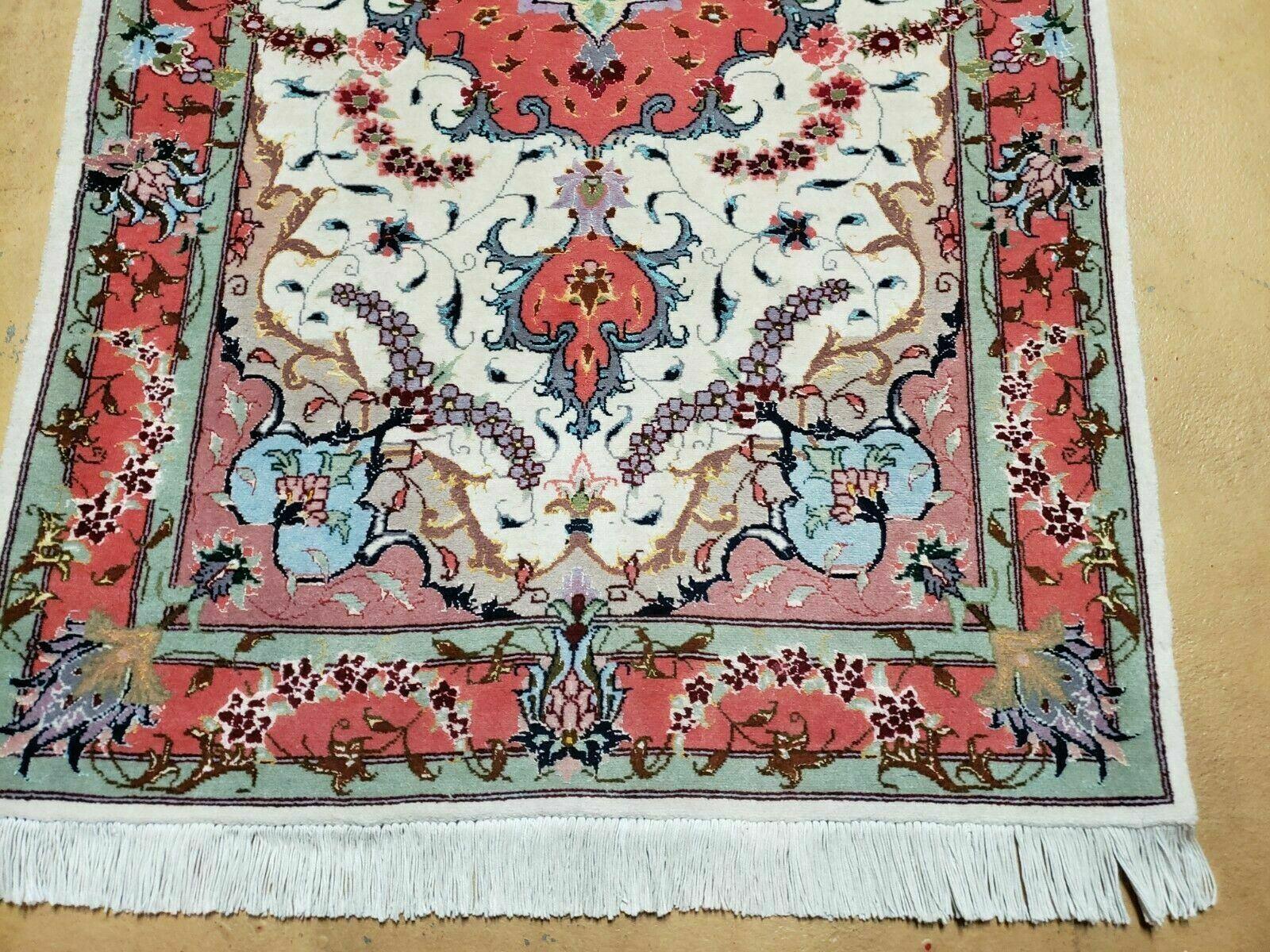 Small Vintage Persian Tabriz Wool and Silk Rug 2.5 x 4 ft, Very Finely Hand Knotted, Medallion, Ivory Salmon Light Blue, Top Quality, Pair B - Jewel Rugs
