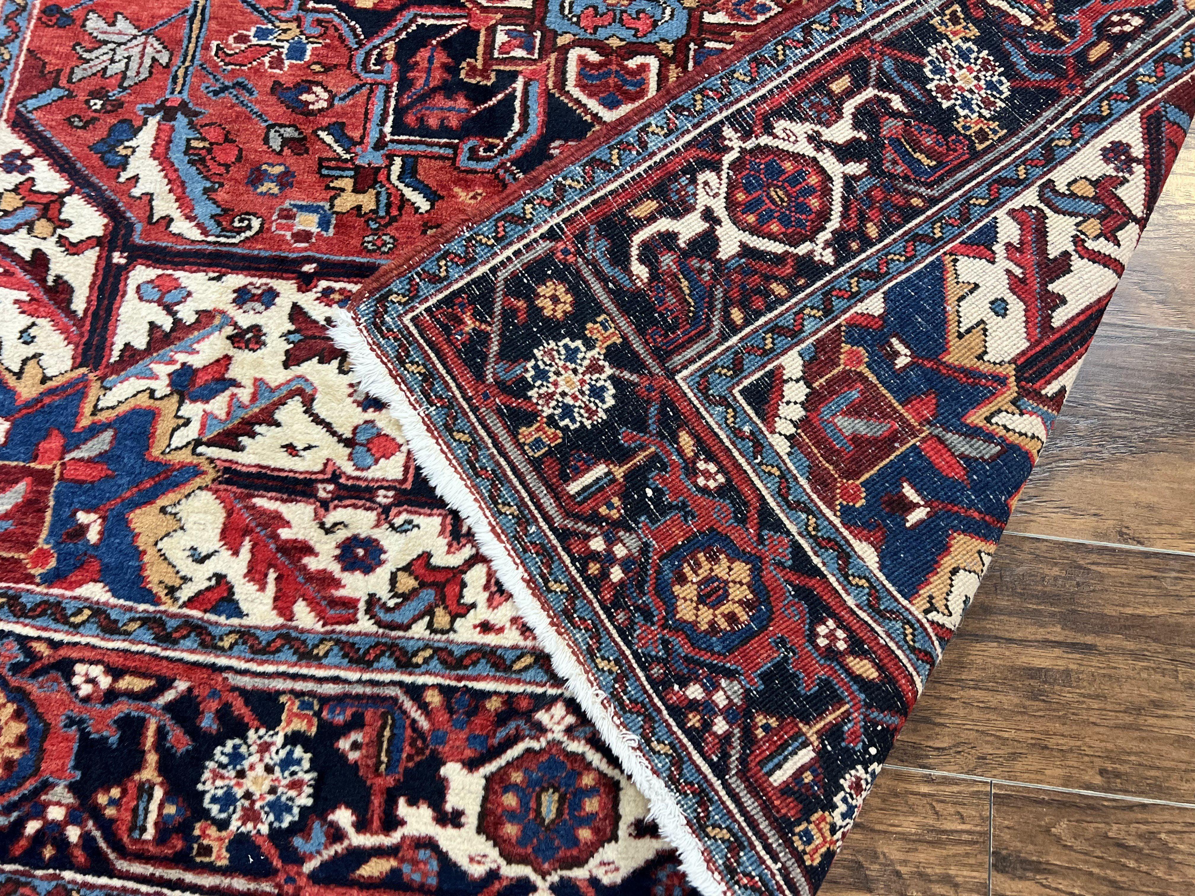 Persian Heriz Square Rug 6x6, Wool Hand Knotted Antique Carpet, Red Ivory & Navy Blue, Geometric Design Oriental Rug 6ft Square Handmade Rug - Jewel Rugs