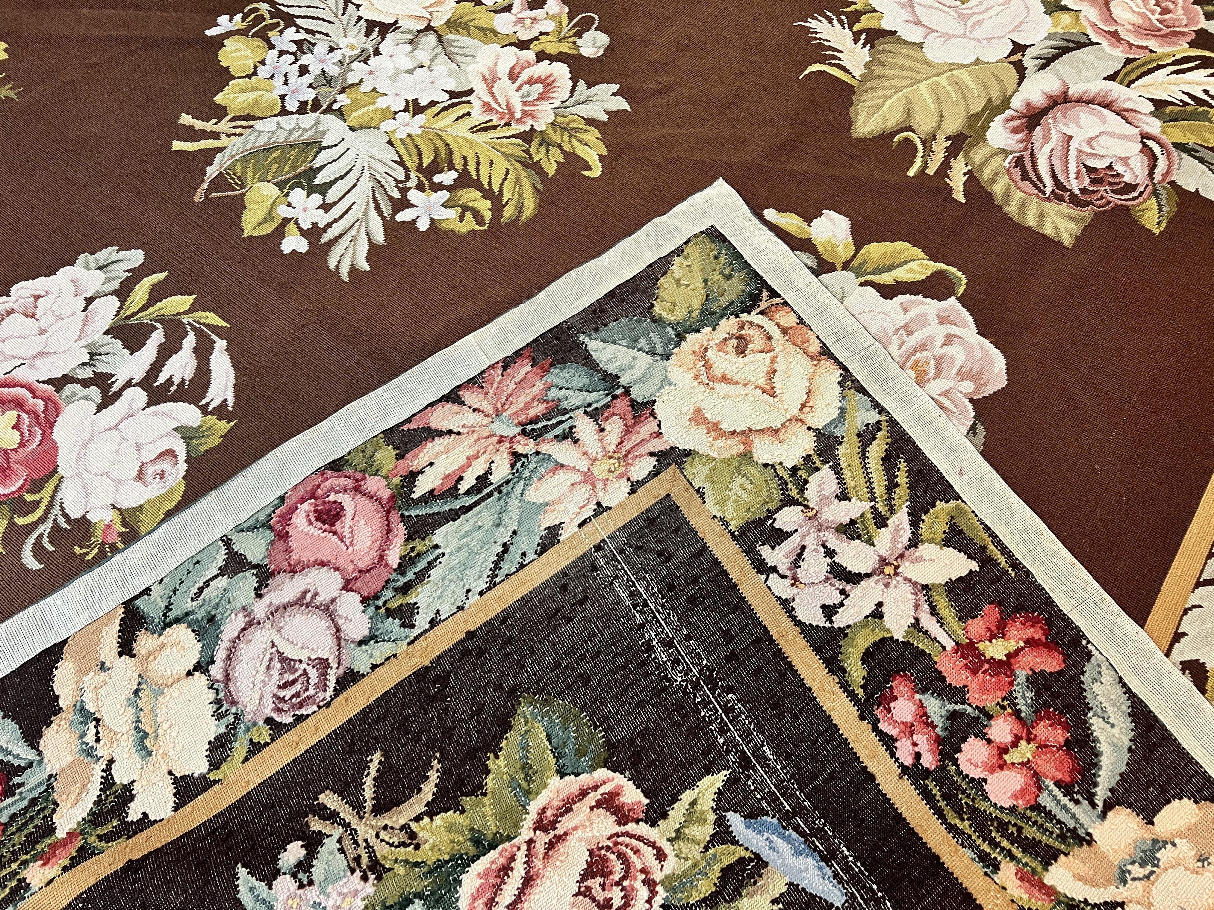 Vintage Needlepoint Rug 9x12, Large Handmade Hand-woven Needlepoint Carpet, Brown Area Rug, Floral Bouquets, Wool Rug, European Design - Jewel Rugs