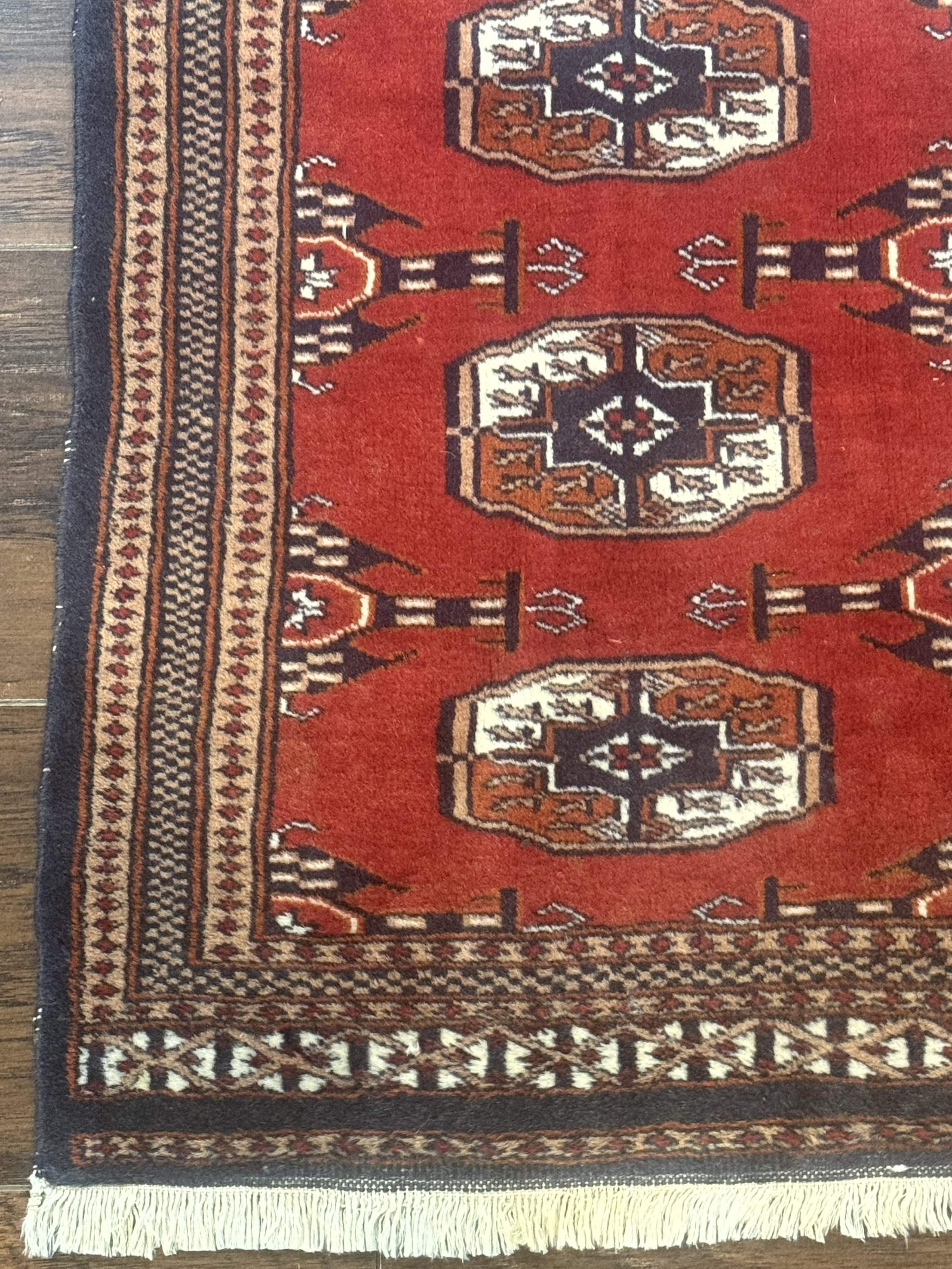 Small Pakistani Bokhara Turkoman Rug, Red, Hand-Knotted Wool Vintage Accent Rug - Jewel Rugs