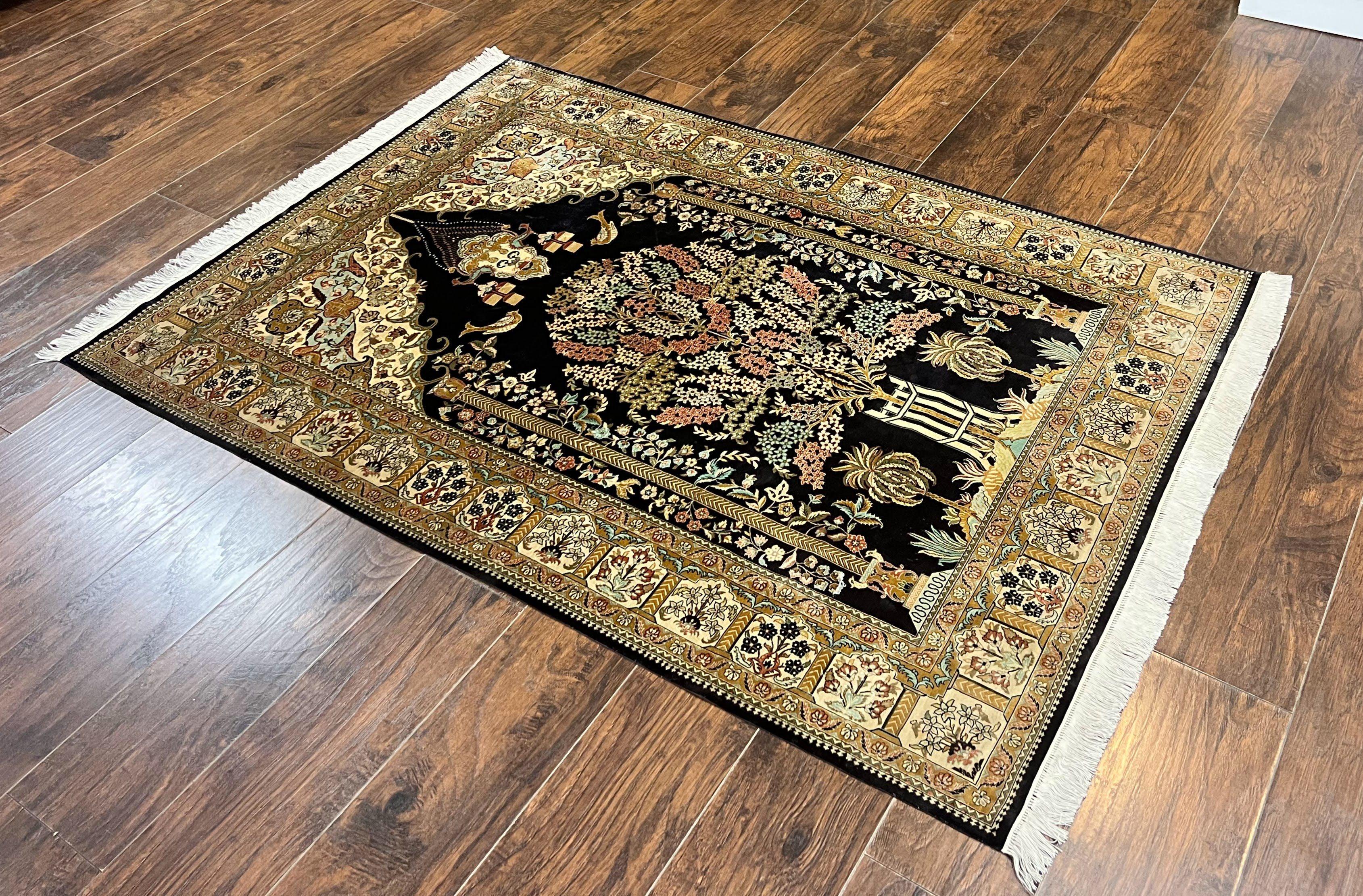 Wonderful Sino Persian Silk Rug 4x6, Tree of LIfe Design, Masterpiece 575 KPSI, Birds, Prayer Rug, Black, Silk on Silk - Jewel Rugs