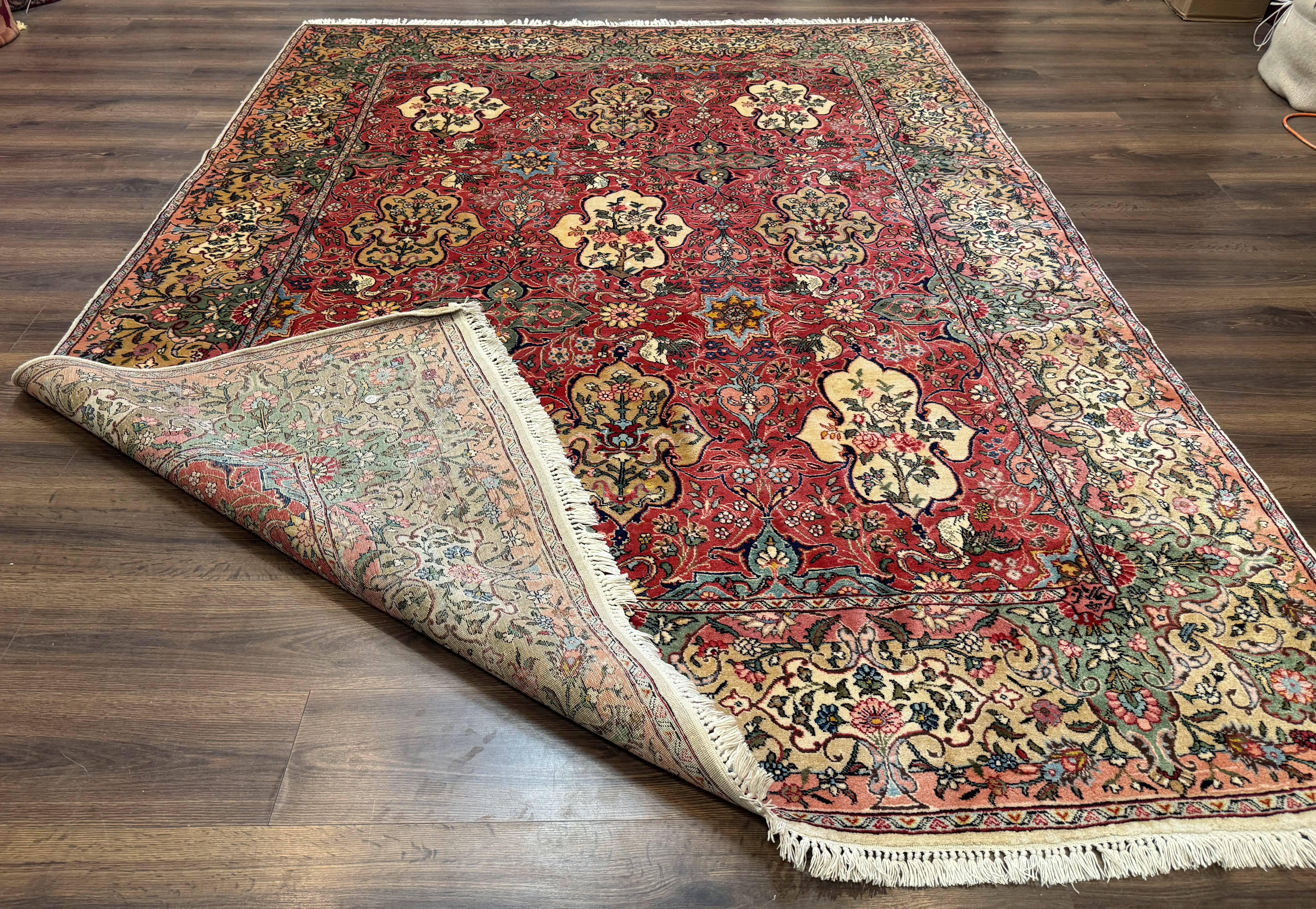 Antique Tabriz Persian Rug 7x10, Red Cream Tan, Unique Design, Fine 270 KPSI, Birds, Floral - Jewel Rugs