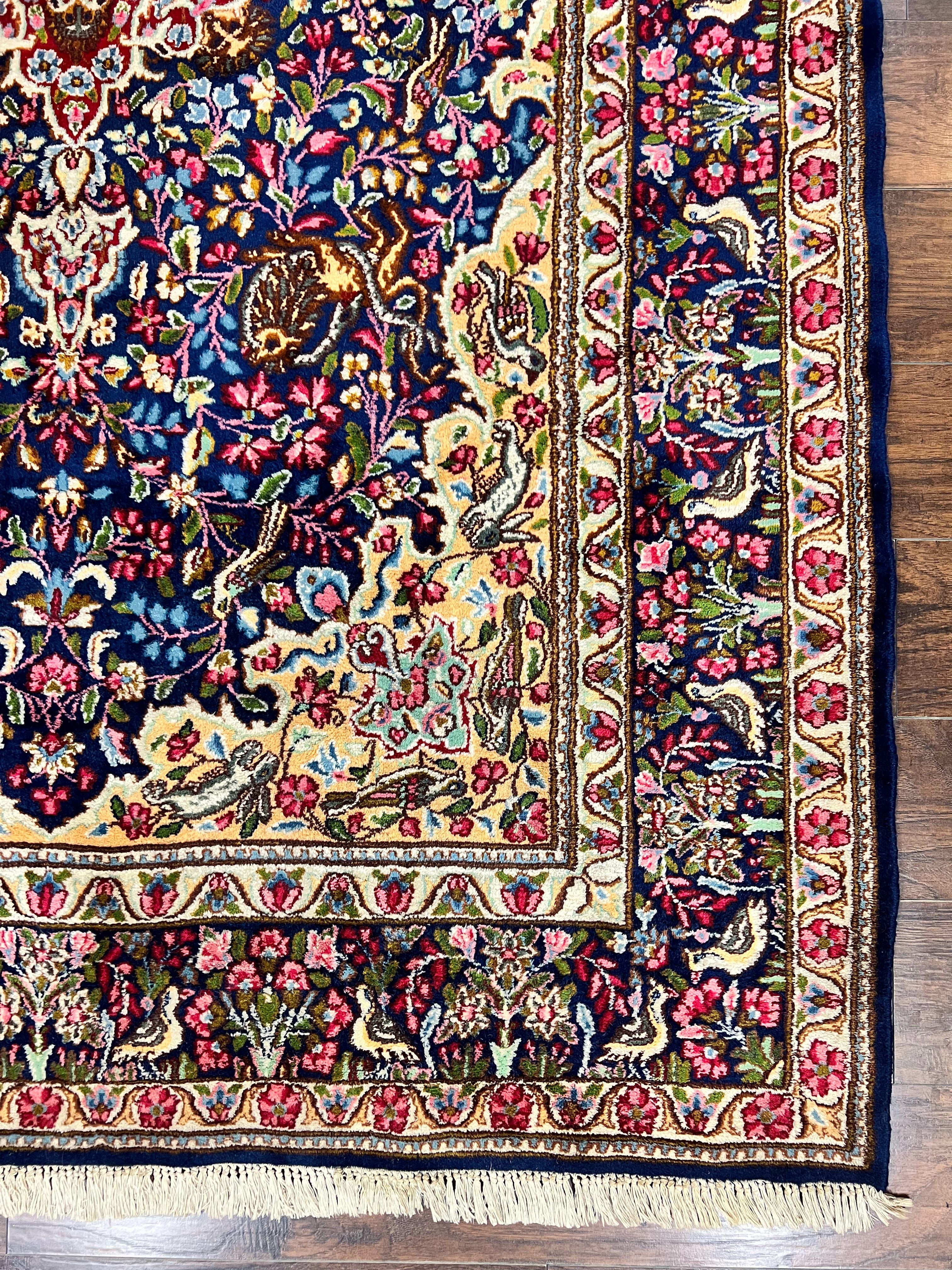 Persian Kirman Rug 6x9, Floral Medallion Vintage Wool Handmade Carpet 6 x 9, Animal Pictorials Birds, Semi Antique, Navy Blue, Millefleur - Jewel Rugs