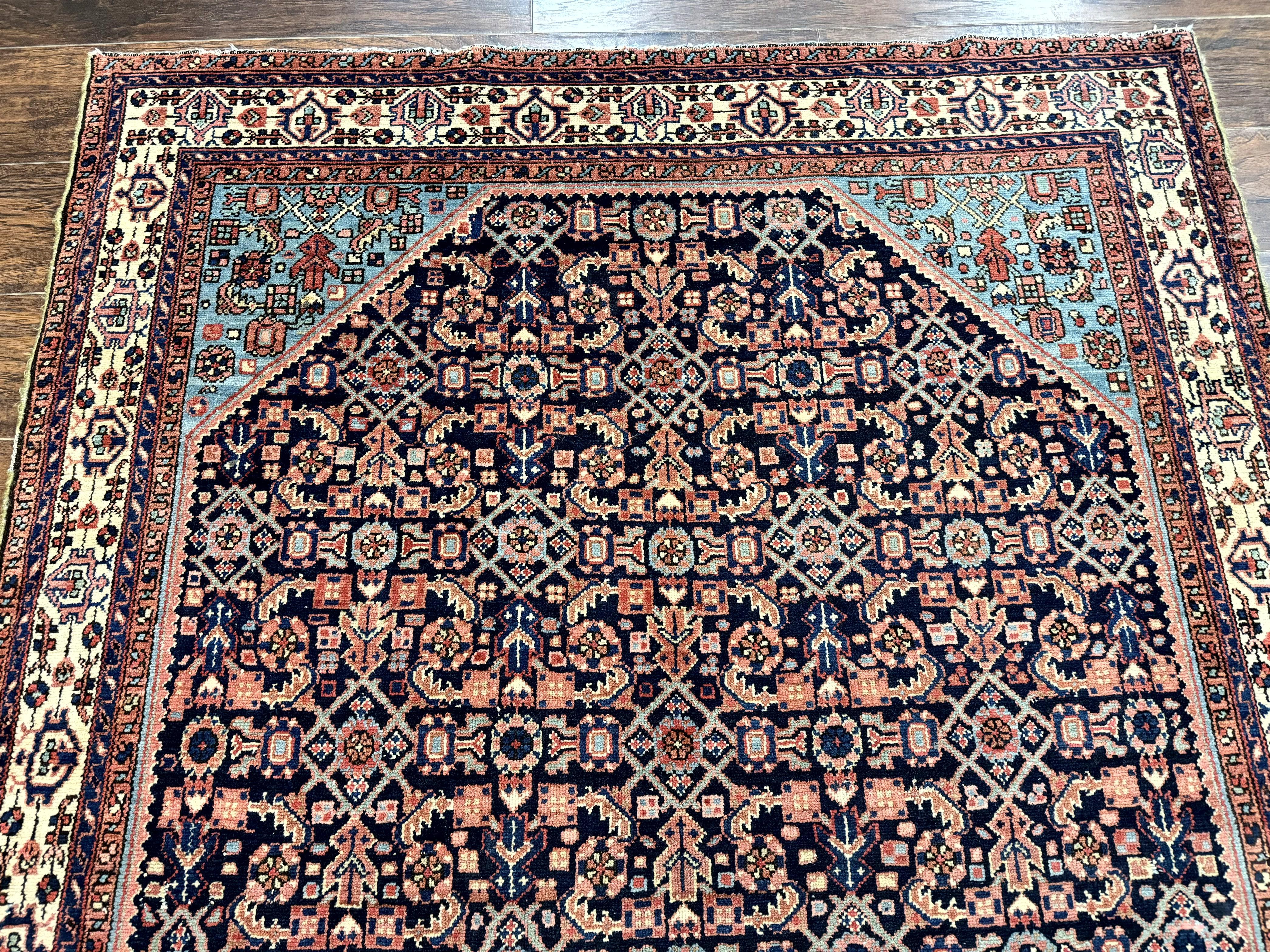 Antique Persian Rug 5 x 6.7, Navy Blue & Ivory, Handmade Persian Wool Carpet, Hamadan Angelas Rug - Jewel Rugs