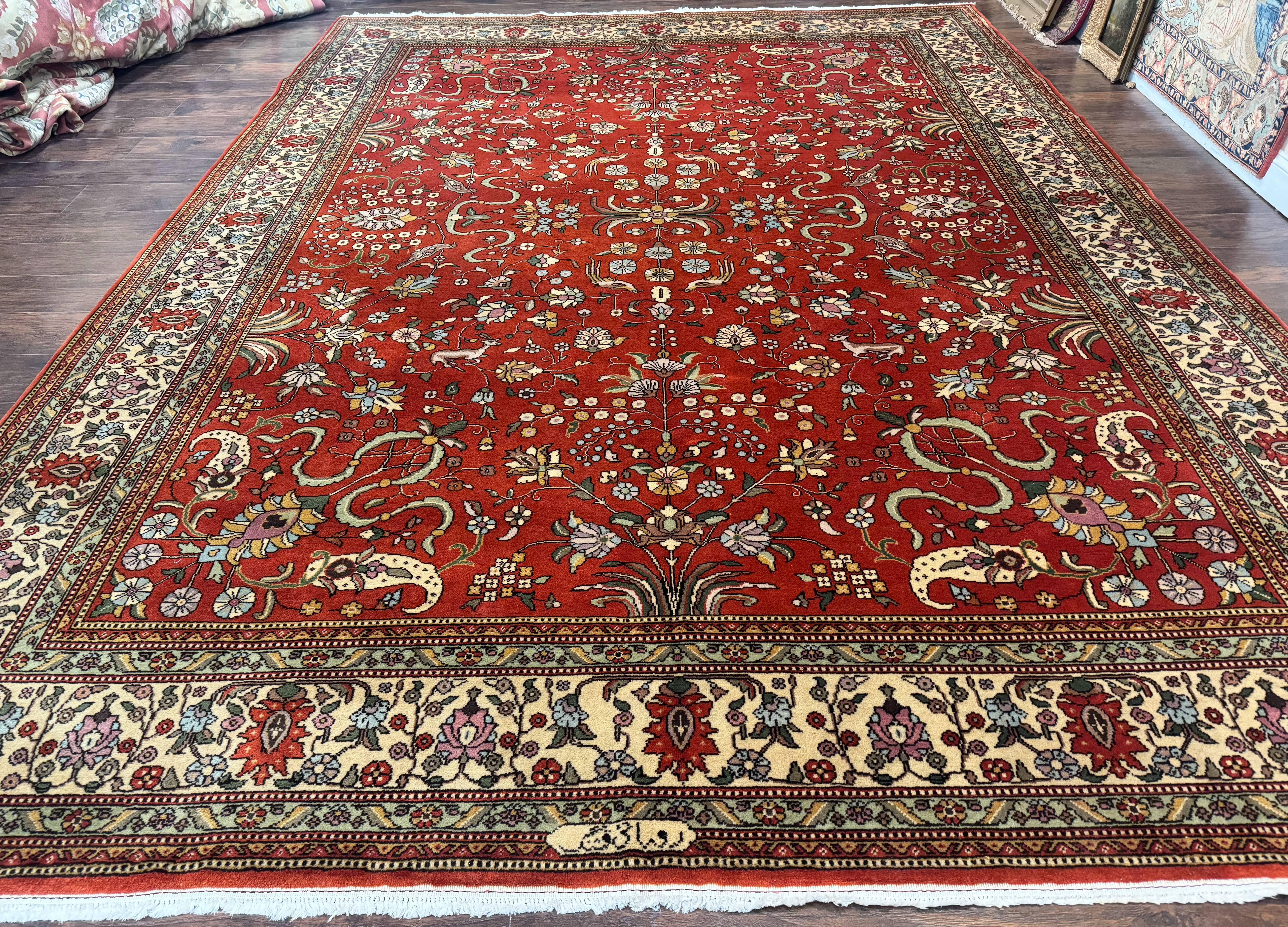 Romanian Rug 10x13, Vintage Handmade Wool Carpet, Floral Pattern, Birds, Red and Cream, Signed By Masterweaver, Persian Rug - Jewel Rugs