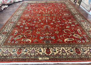 Romanian Rug 10x13, Vintage Handmade Wool Carpet, Floral Pattern, Birds, Red and Cream, Signed By Masterweaver, Persian Rug