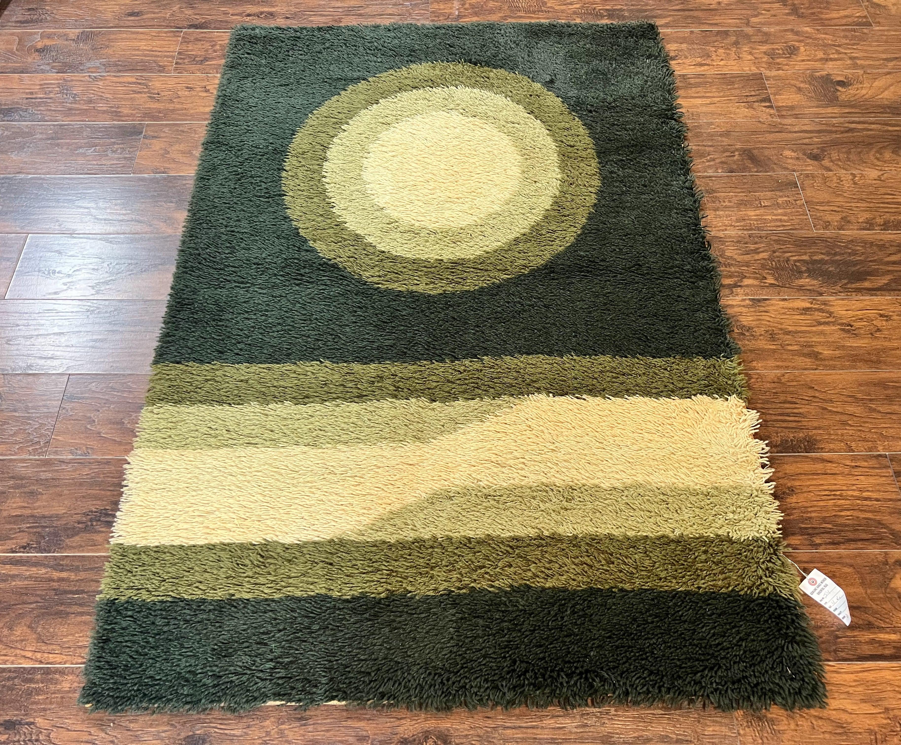 Danish Rya Shag Rug 4x6, Green, Abstract Design, EGE Rya, Vintage Retro Carpet, Mid Century Rya - Jewel Rugs