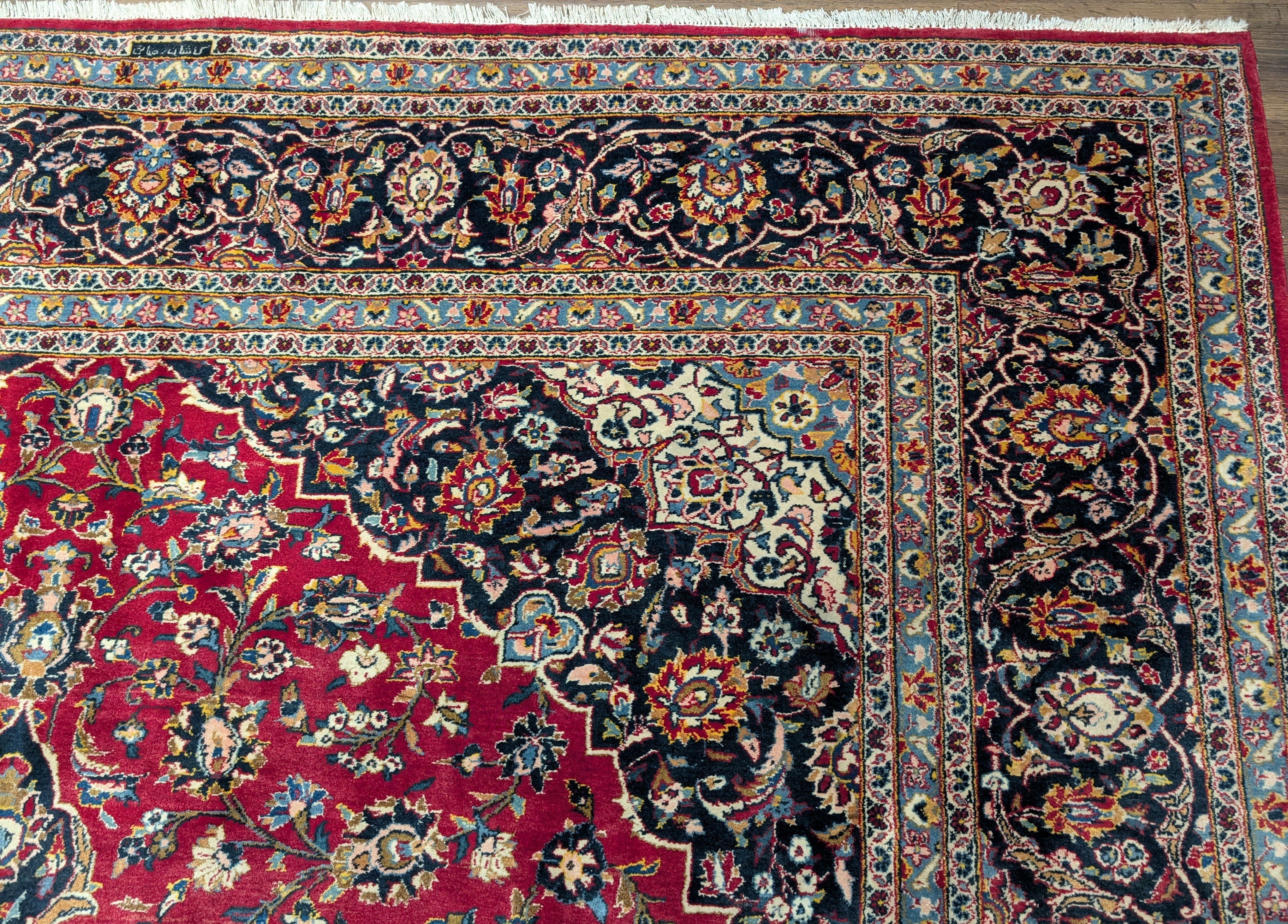 Persian Kashan Rug 10x14, Red and Navy, Hand Knotted Wool Traditional Persian Carpet, Signed By Master Weaver - Jewel Rugs