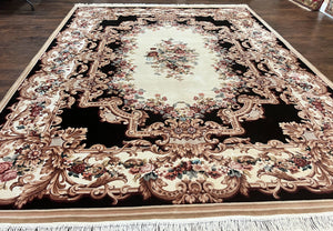 Aubusson Rug 9x12, French European Design, Wool Handmade Vintage Room Sized Carpet, Black Ivory & Beige, Elegant Floral Rug