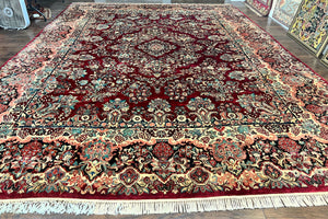 Persian Sarouk Rug 12x17, Wool Hand Knotted Antique Carpet, Dark Red, Traditional Floral Oriental Rug, 12 x 17 Extra Large Handmade Rug