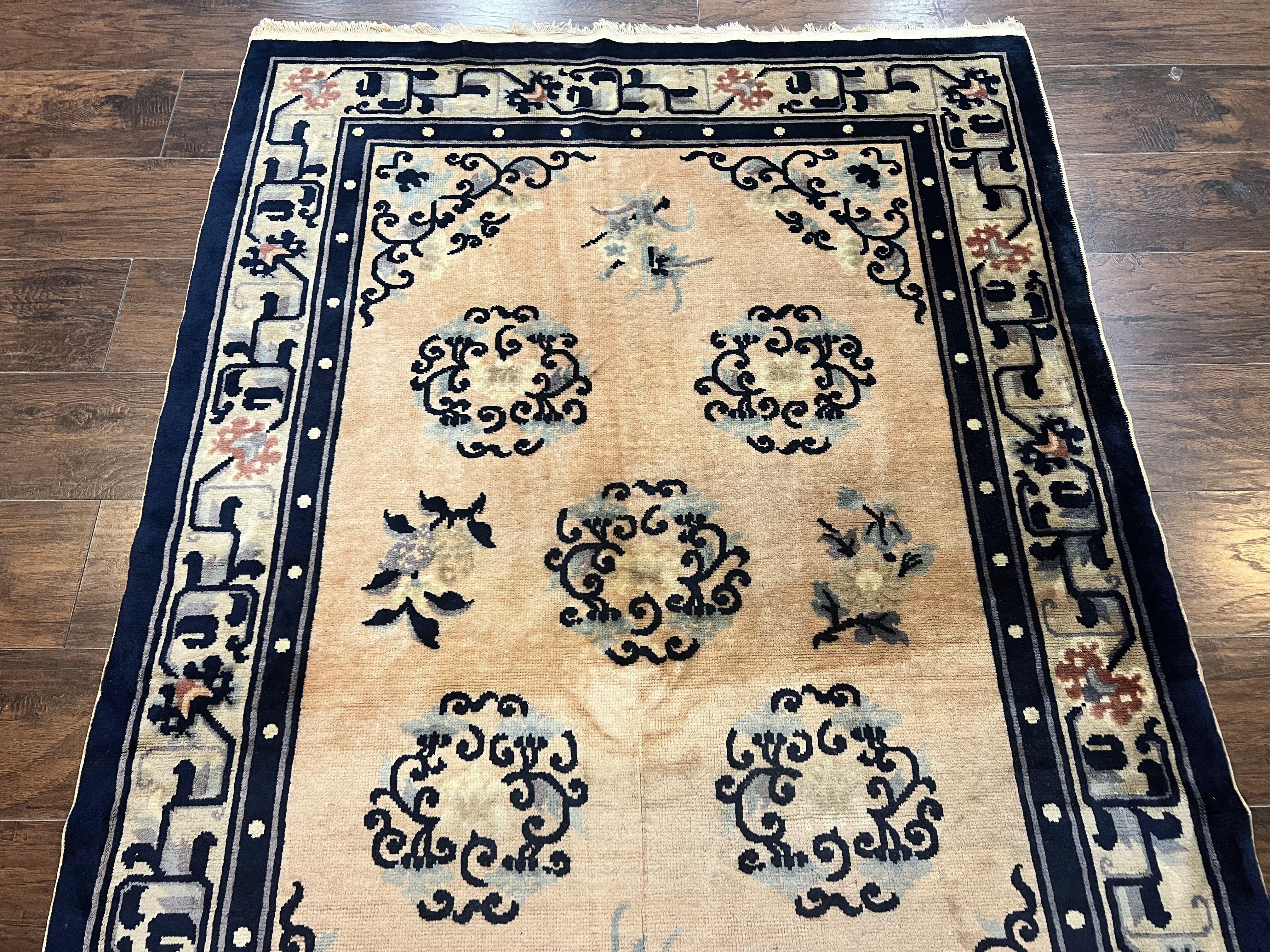 Chinese Peking Rug 4x6, Wool Hand Knotted Handmade Vintage Semi Antique Carpet, Semi Open Field, Light Peach & Navy Blue, Art Deco Rug - Jewel Rugs
