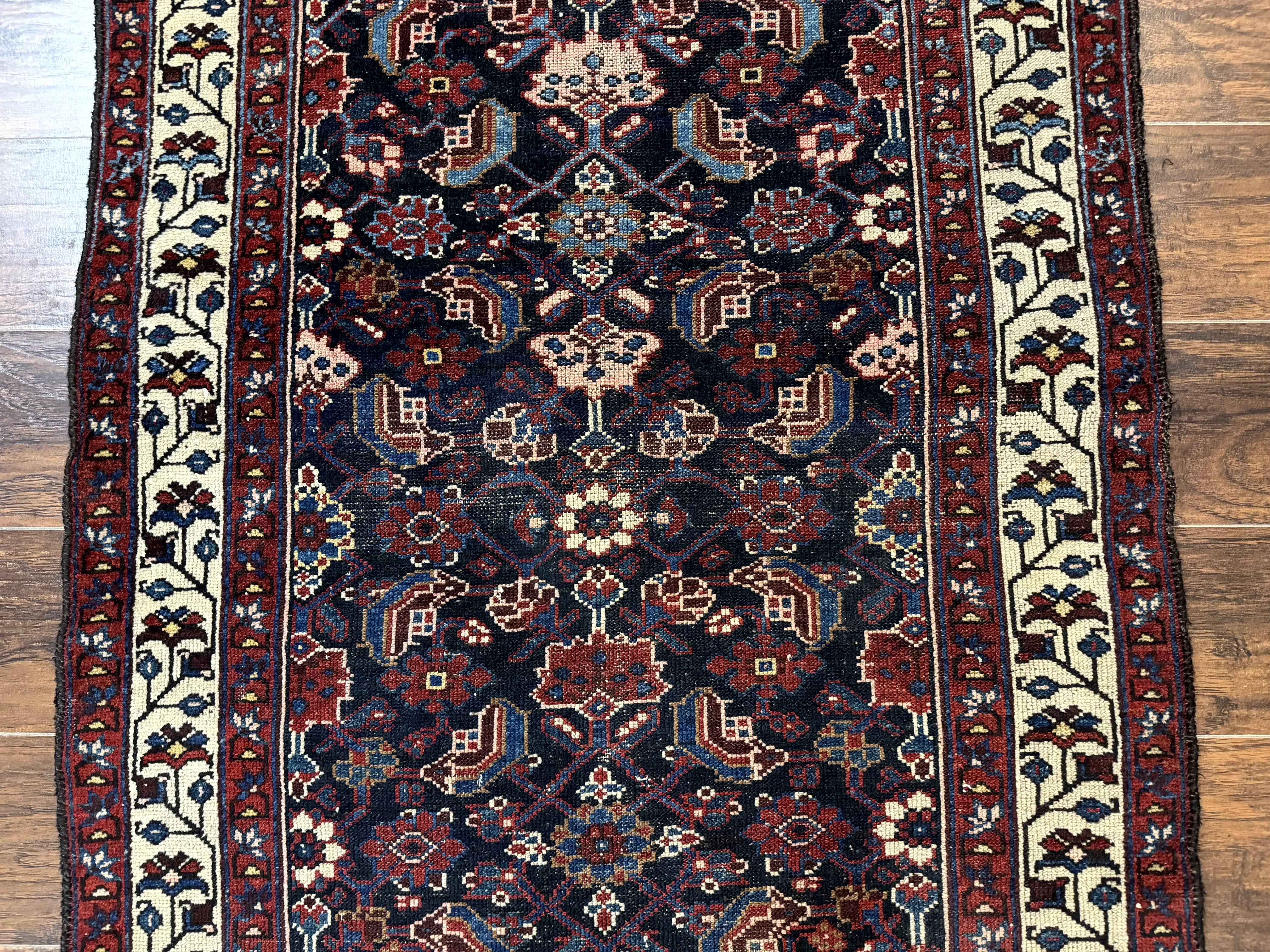 Navy Blue Antique Persian Rug 3x6, Blue and Ivory Persian Carpet, Handmade 1920s Hamadan Rug - Jewel Rugs