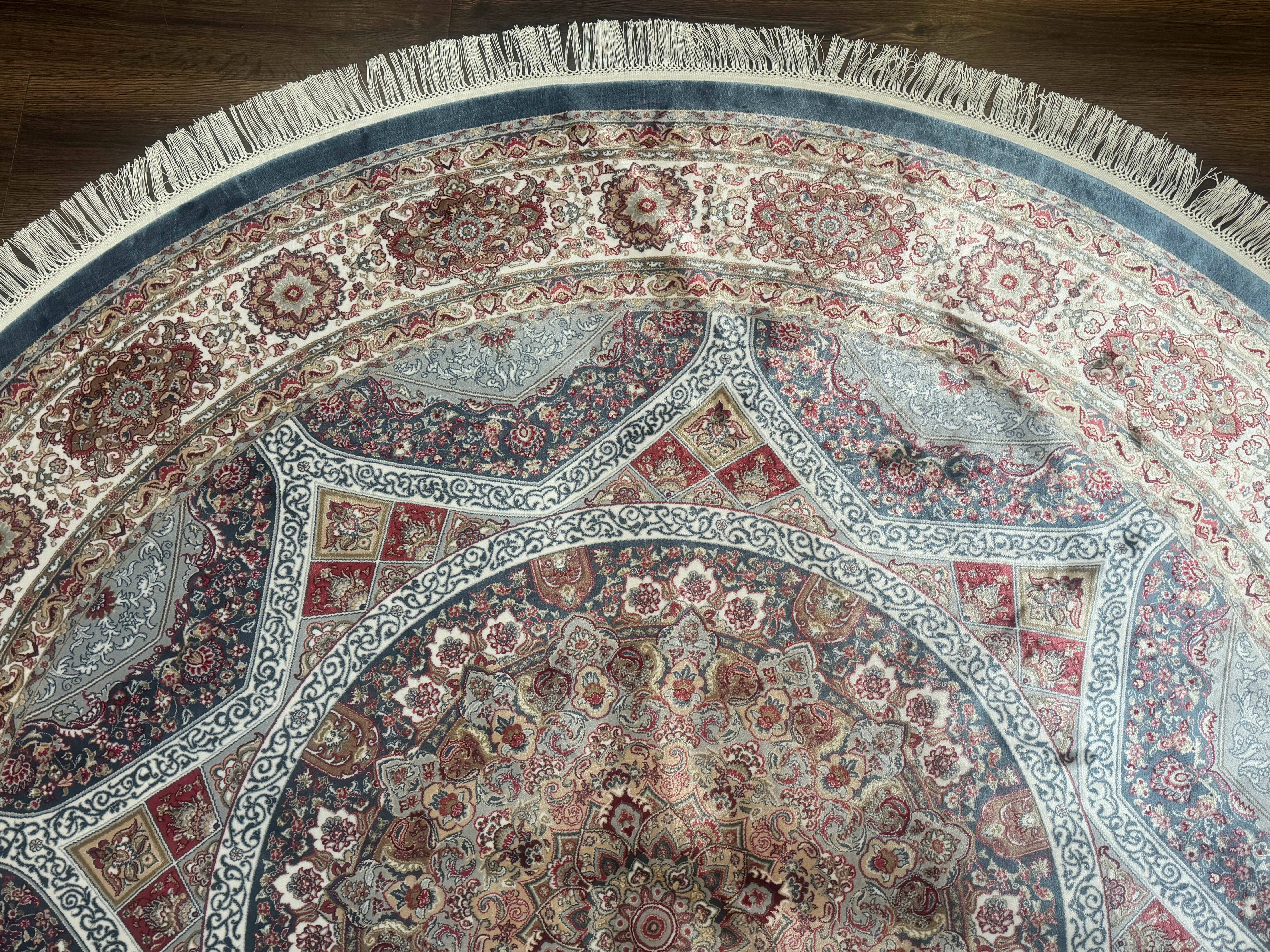 Round Silk Rug 6x6, Blue and Ivory, Turkish Silk Carpet, Bamboo Silk - Jewel Rugs