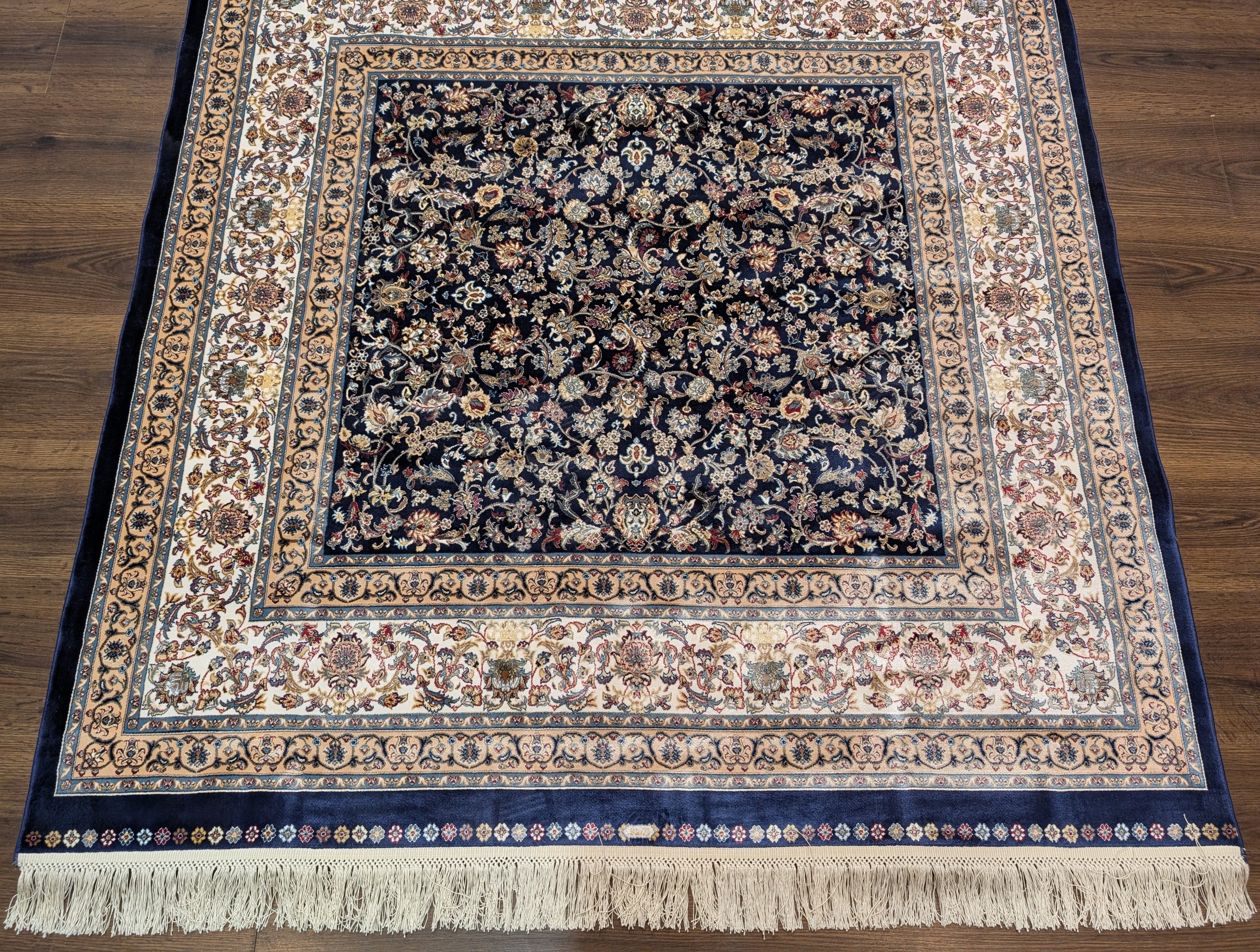 Square Turkish Silk Rug 5x5, Navy Blue and Ivory, Floral, Fine, Detailed, New, Bamboo Silk - Jewel Rugs