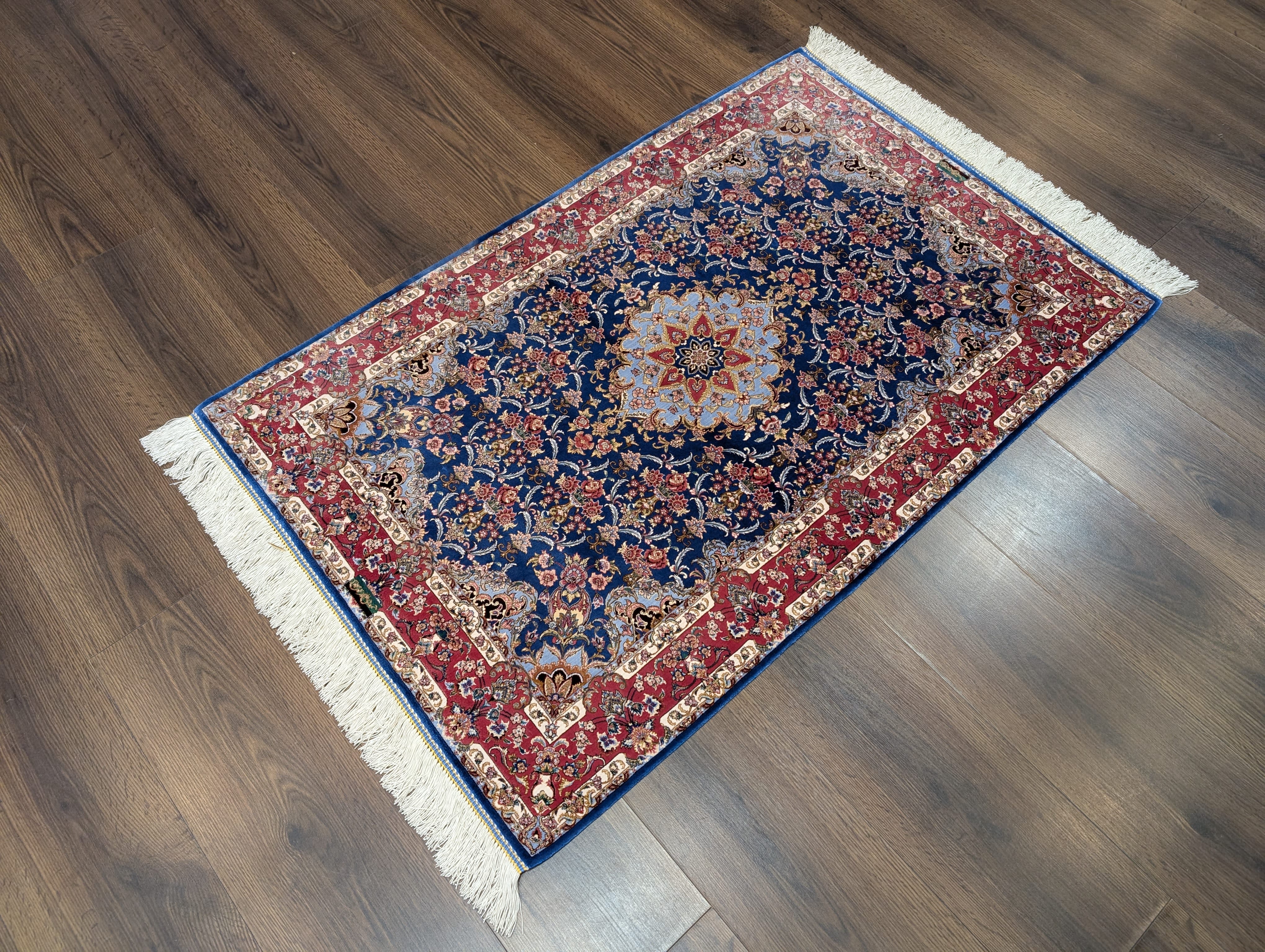 Navy Blue Silk Rug 2.5 x 4, Fine, Detailed, Turkish Silk Rug, Bamboo Silk, New - Jewel Rugs