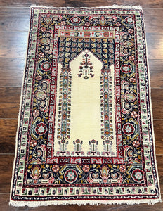 Turkish Prayer Rug 2.5 x 4, Vintage Wool Hand Knotted Carpet, Ivory