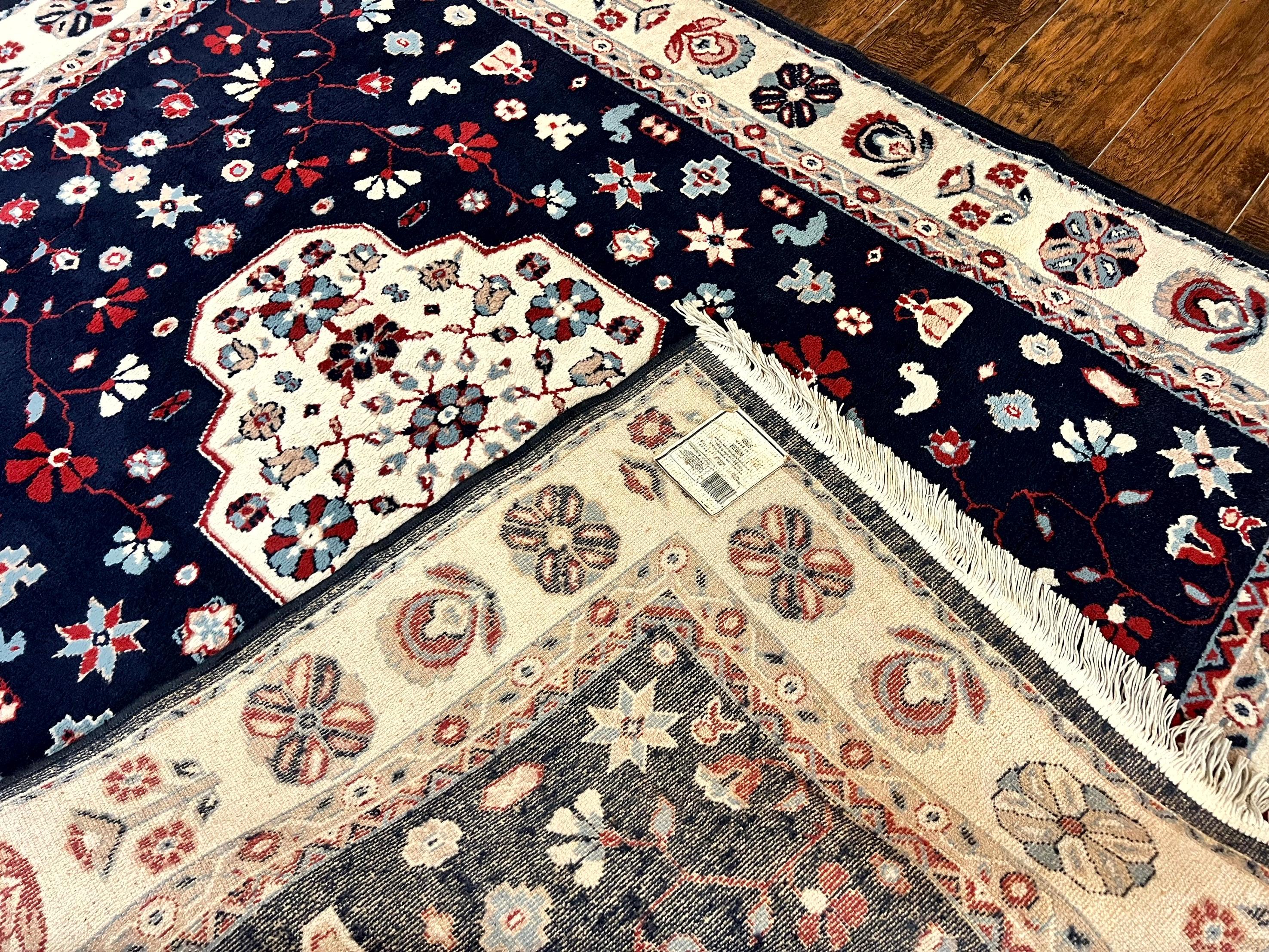 Belgium Power Loomed Rug 5.6 x 7, Navy Blue and Ivory, Heriz Pattern, Vintage Oriental Carpet - Jewel Rugs