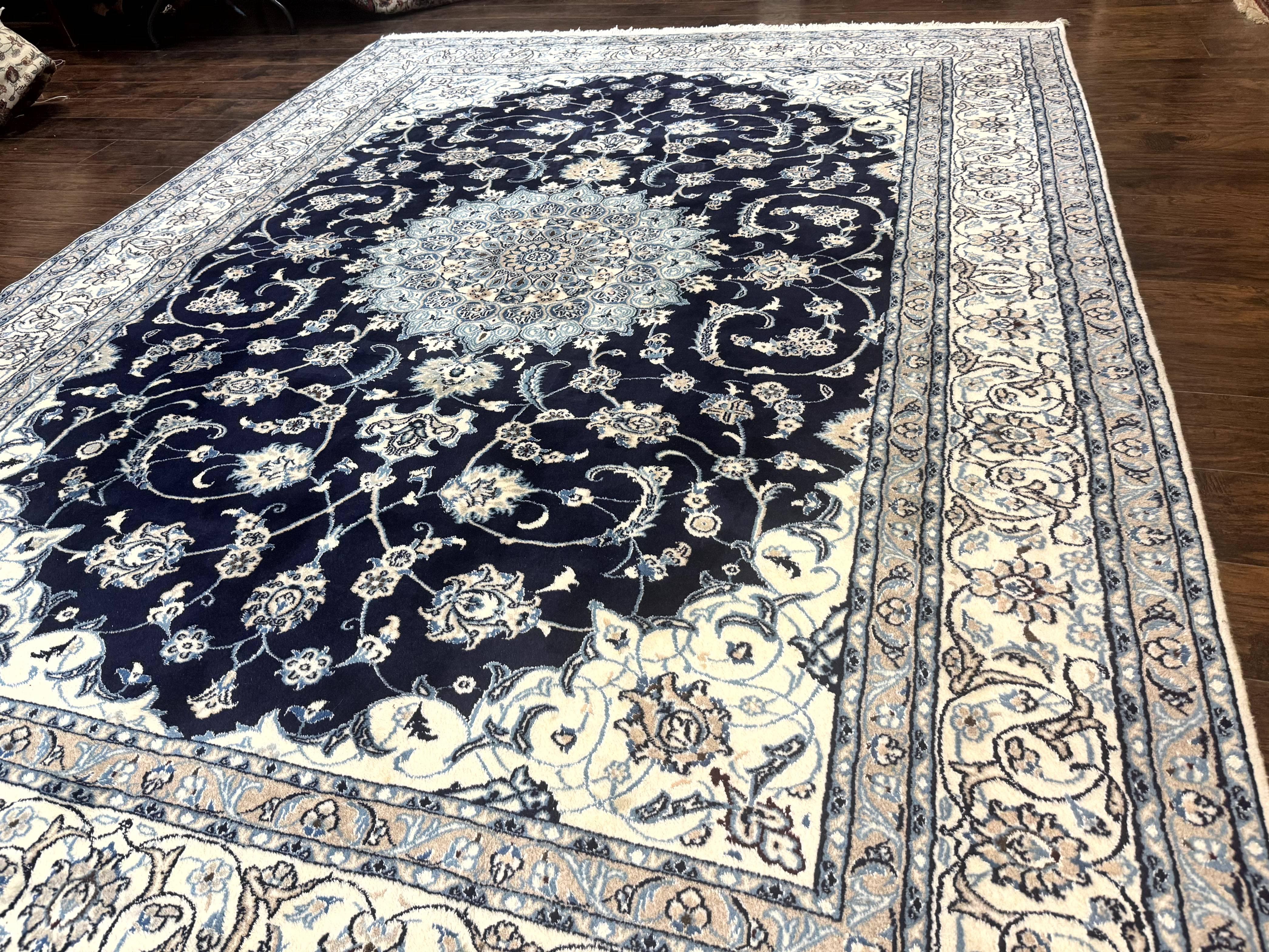 Persian Nain Rug 8x11, Navy Blue and Ivory, Handmade Wool Vintage Carpet, Floral Medallion - Jewel Rugs