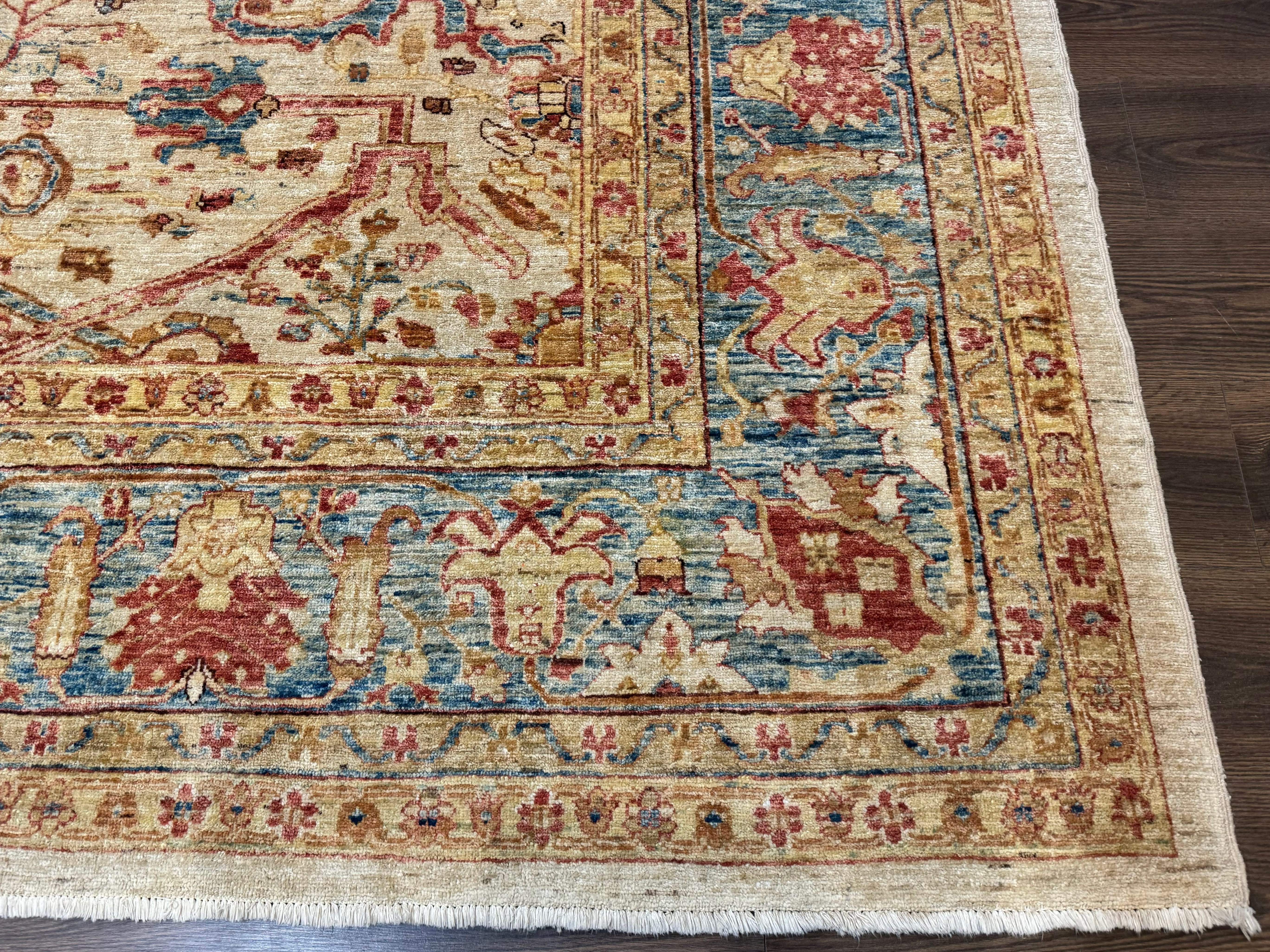 Pakistani Peshawar Rug 10x12 – Tan and Blue, Hand-Knotted Wool Oushak Carpet - Jewel Rugs