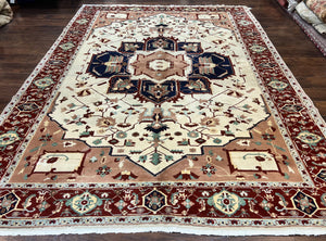 Indo Heriz Rug 9x12, Geometric Indo Persian Room Sized Decorative Area Rug 9 x 12 ft, Cream Navy Blue Pink Handmade Vintage Wool Carpet