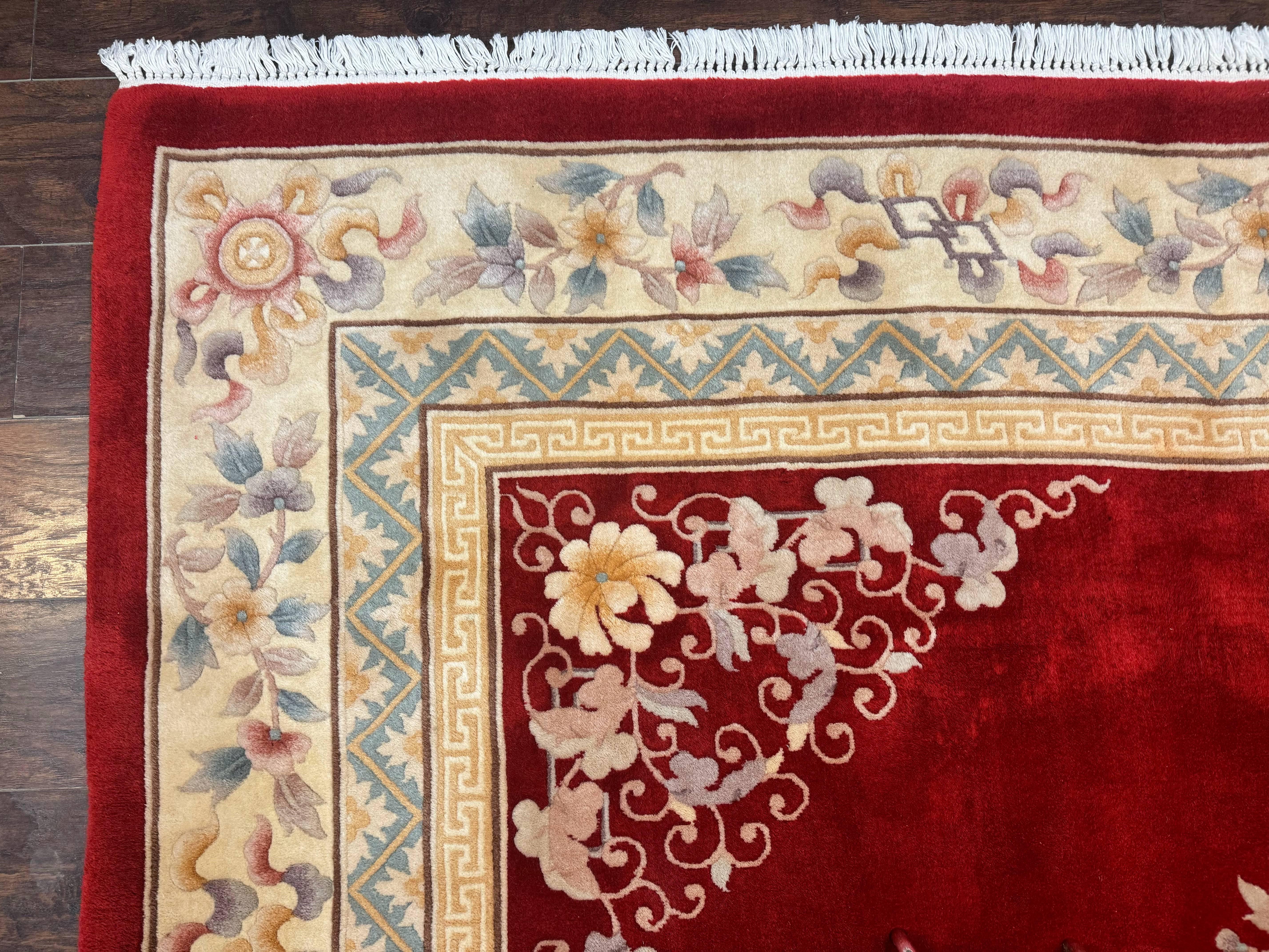 Chinese Wool Rug 8.6 x 11, Red and Beige Asian Oriental Carpet, Plush Pile, Vintage Handmade Chinese Carving Sculpted Rug, Semi Open Field - Jewel Rugs