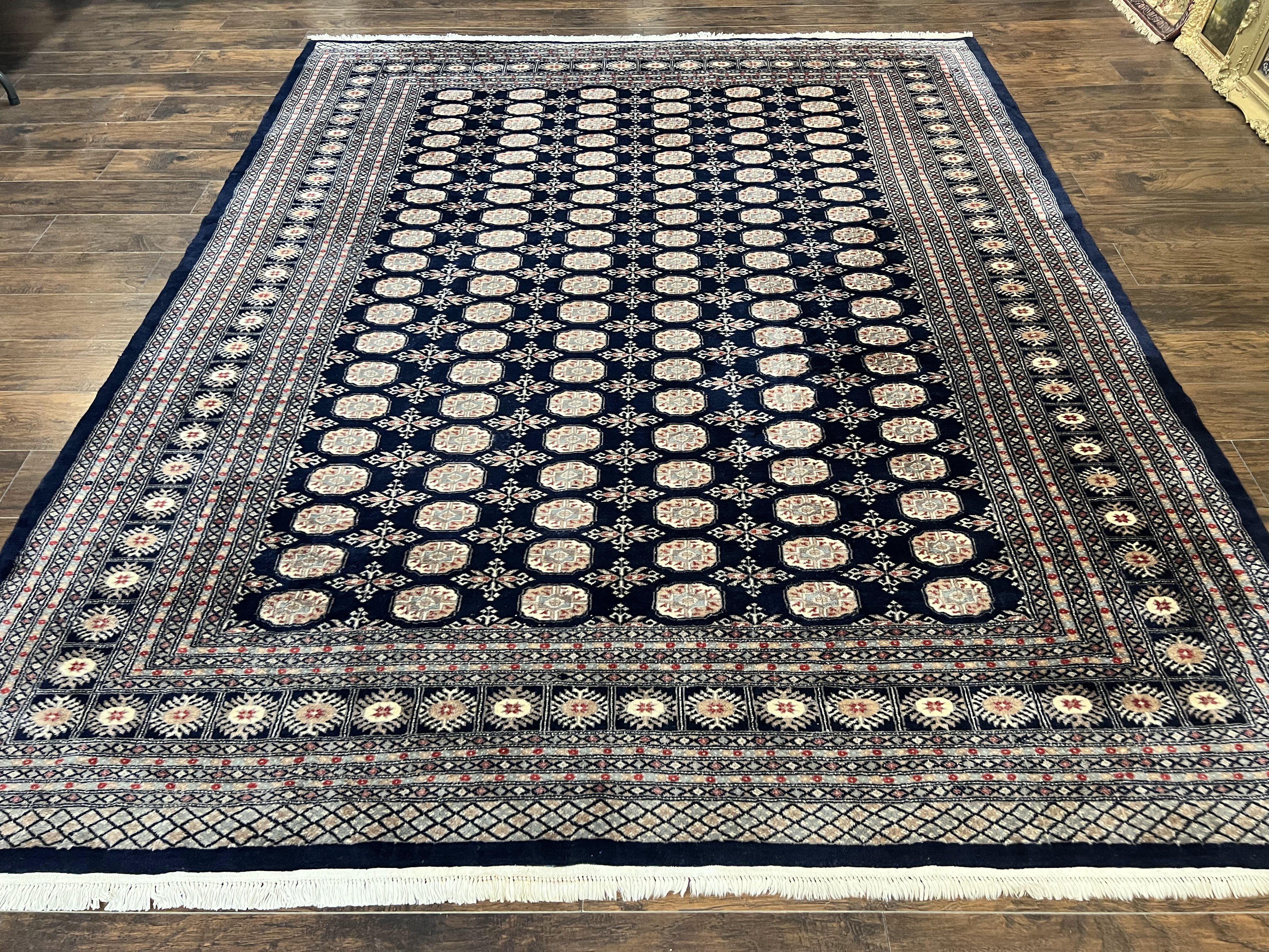 Pakistani Bokhara Rug 8x10, Turkoman Carpet, Dark Blue and Beige, Vintage Handmade Wool Carpet - Jewel Rugs