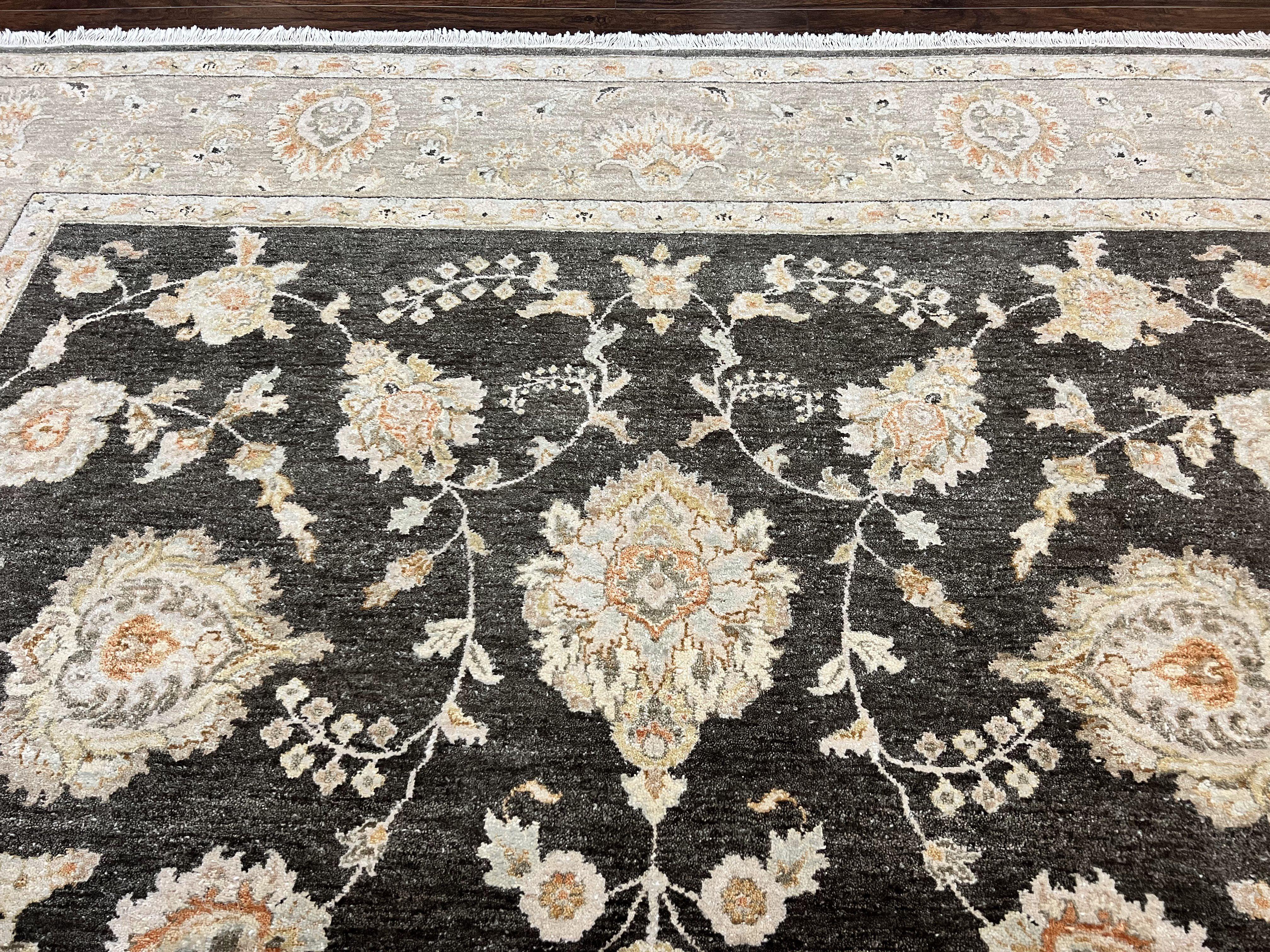 Indo Persian Rug 9x12, Sultanabad Indian Carpet, Dark Brown, Hand Knotted Vintage Wool Rug - Jewel Rugs