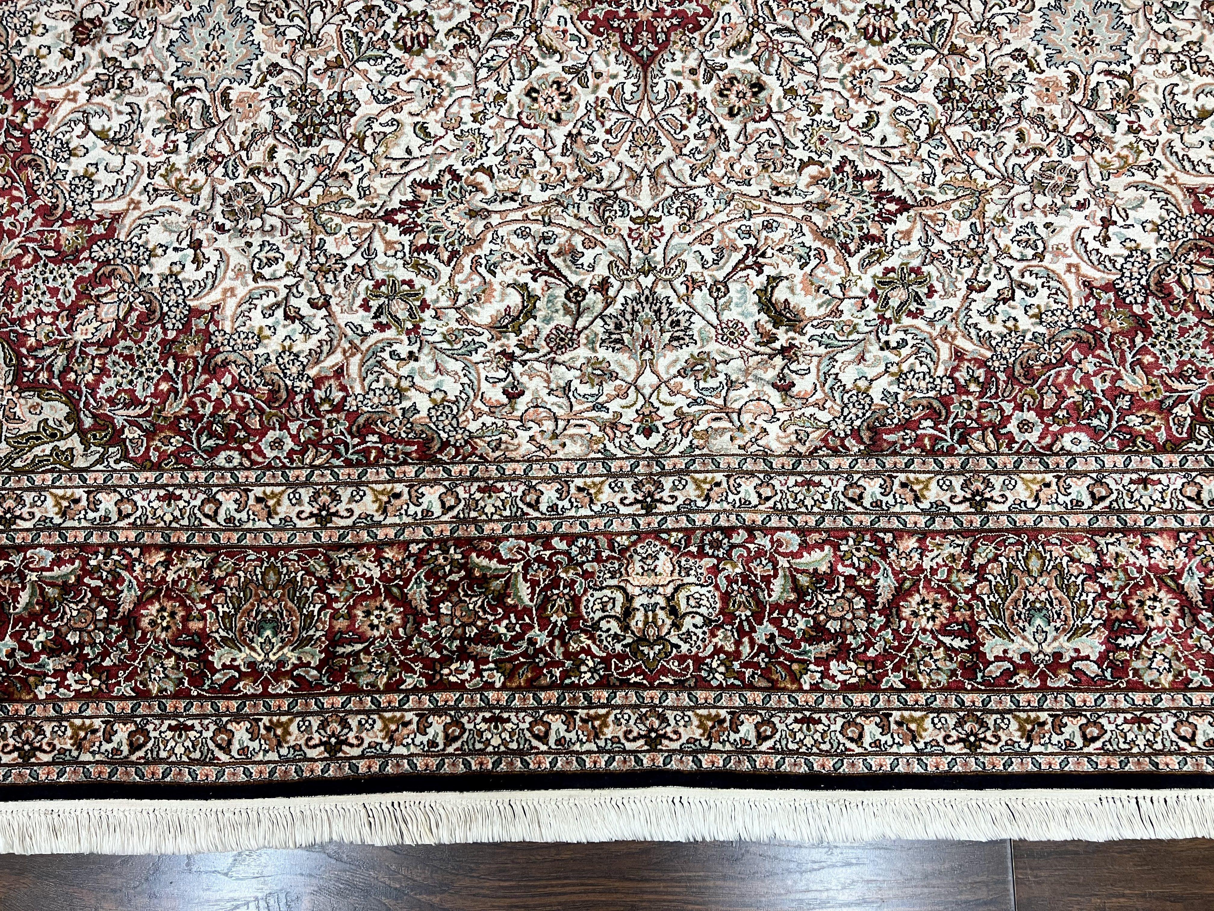 Silk Indian Kashmiri Rug 9 x 11 ft, Room Sized Silk Vintage Indo Persian Handmade Hand Knotted Fine Oriental Carpet, Ivory and Maroon - Jewel Rugs