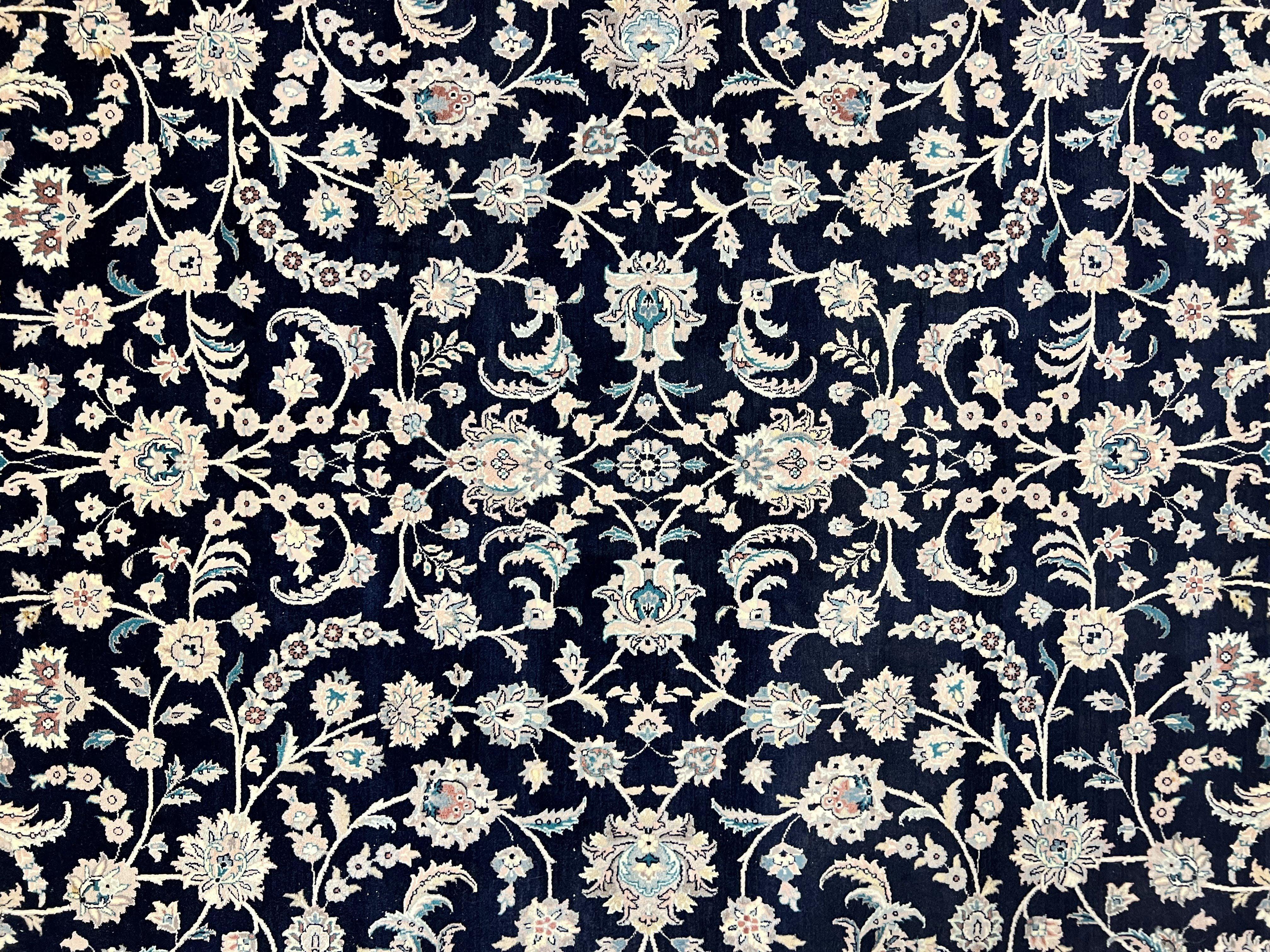 Pak Persian Rug 8x11, Fine Floral Allover Oriental Carpet 8 x 11 ft, Dark Blue and Pink, Room Sized Wool Vintage Rug, Hand Knotted Rug - Jewel Rugs