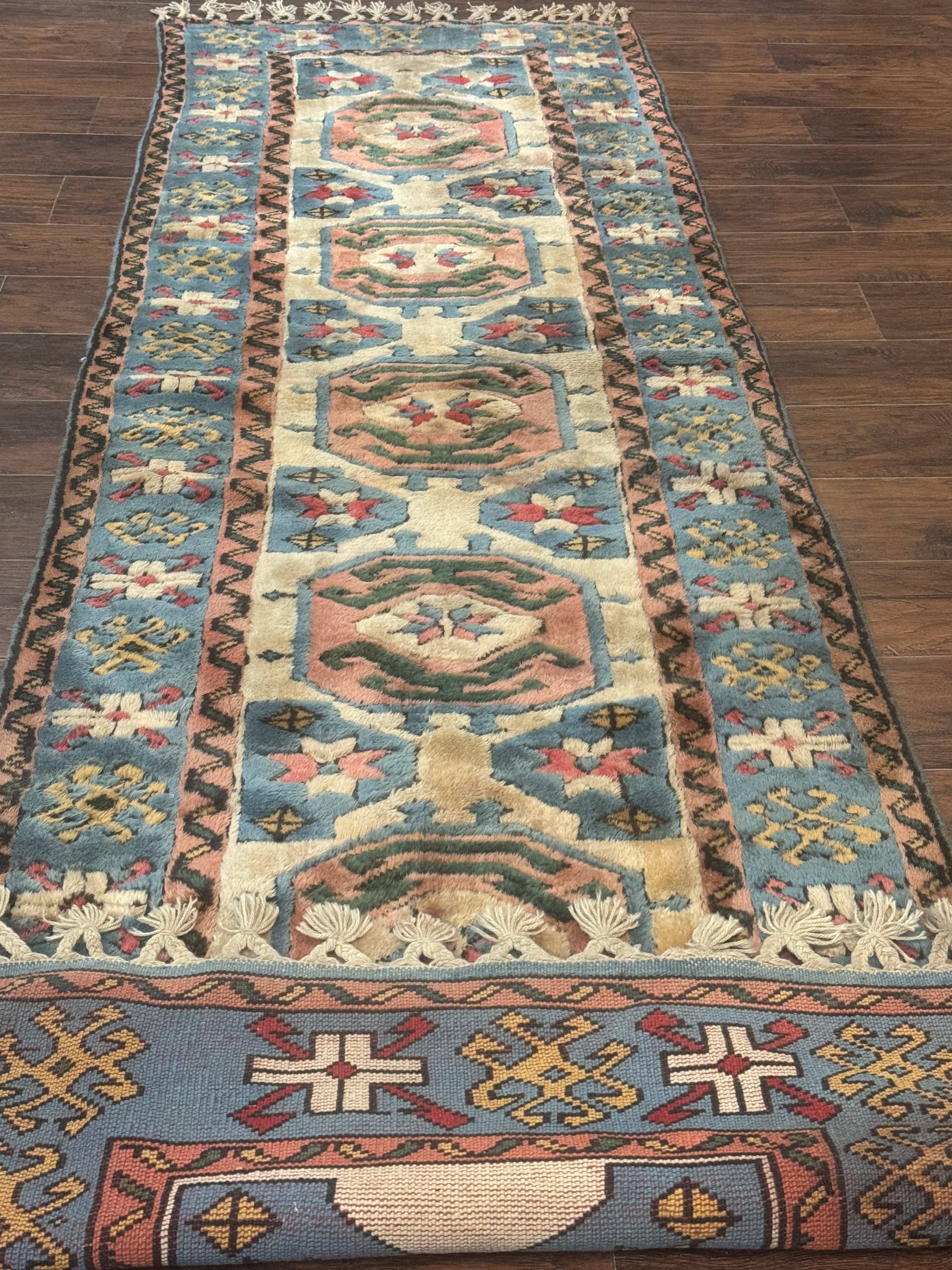 Turkish Kazak Runner Rug 3x11, Cream and Light Blue, Vintage - Jewel Rugs