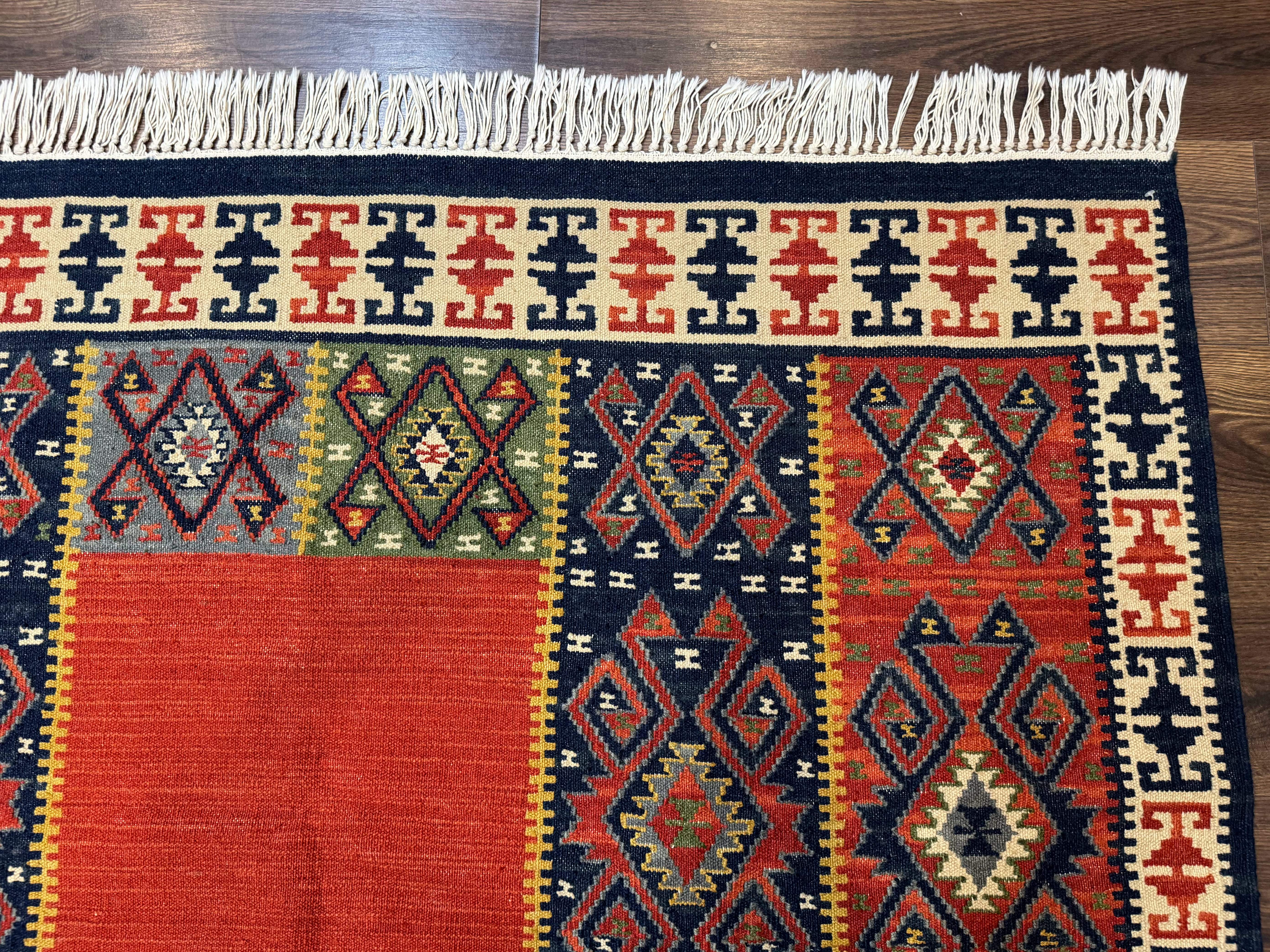 Turkish Kilim Rug 5x8, Flatweave Carpet, Handmade Bohemian Rug, Terracotta and Navy Blue - Jewel Rugs