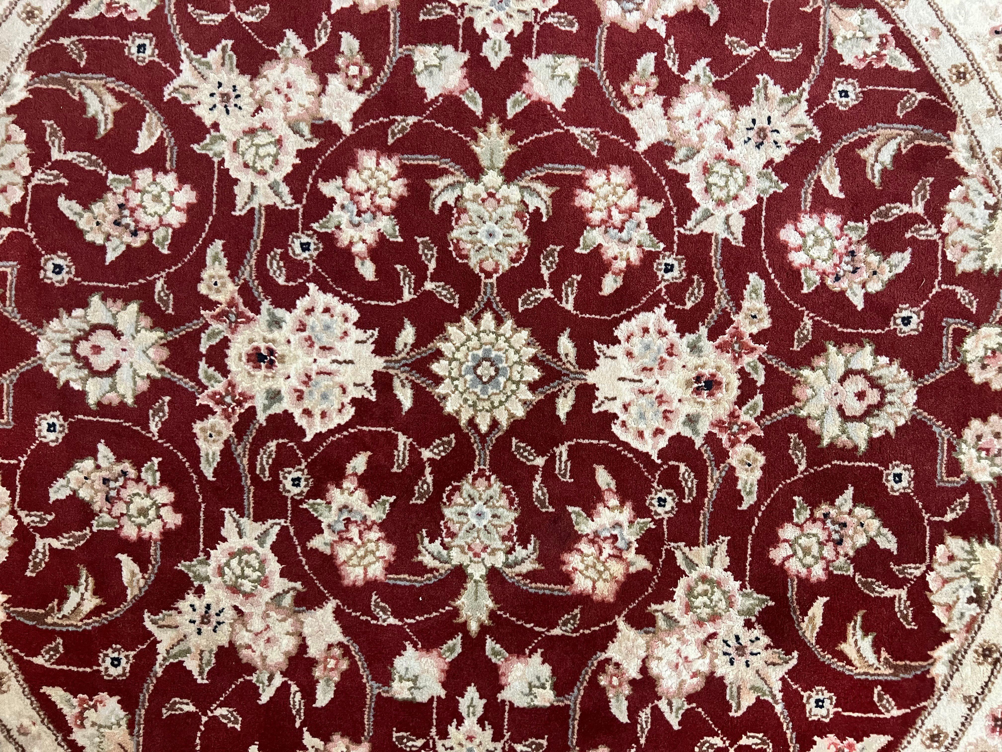 Sino Persian Round Rug 4x4, Wool Hand Knotted Oriental Carpet, Maroon & Ivory Vintage Rug, Floral Rug, Traditional Rug 4 x 4, Fine Rug - Jewel Rugs