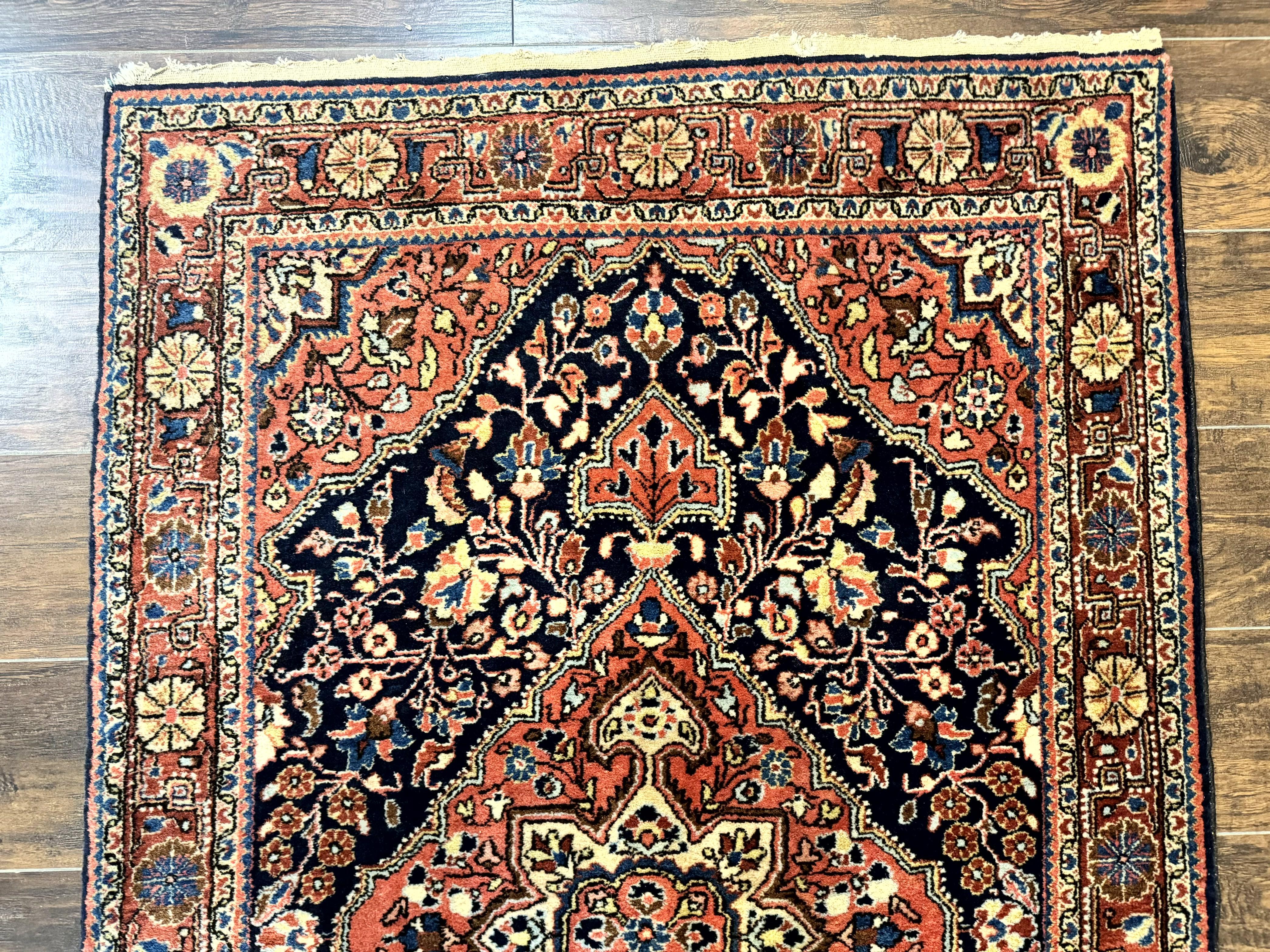 Persian Sarouk Rug 3.6 x 5, Medallion Rug, Red and Midnight Blue, Handmade Semi Antique Vintage Wool Carpet - Jewel Rugs