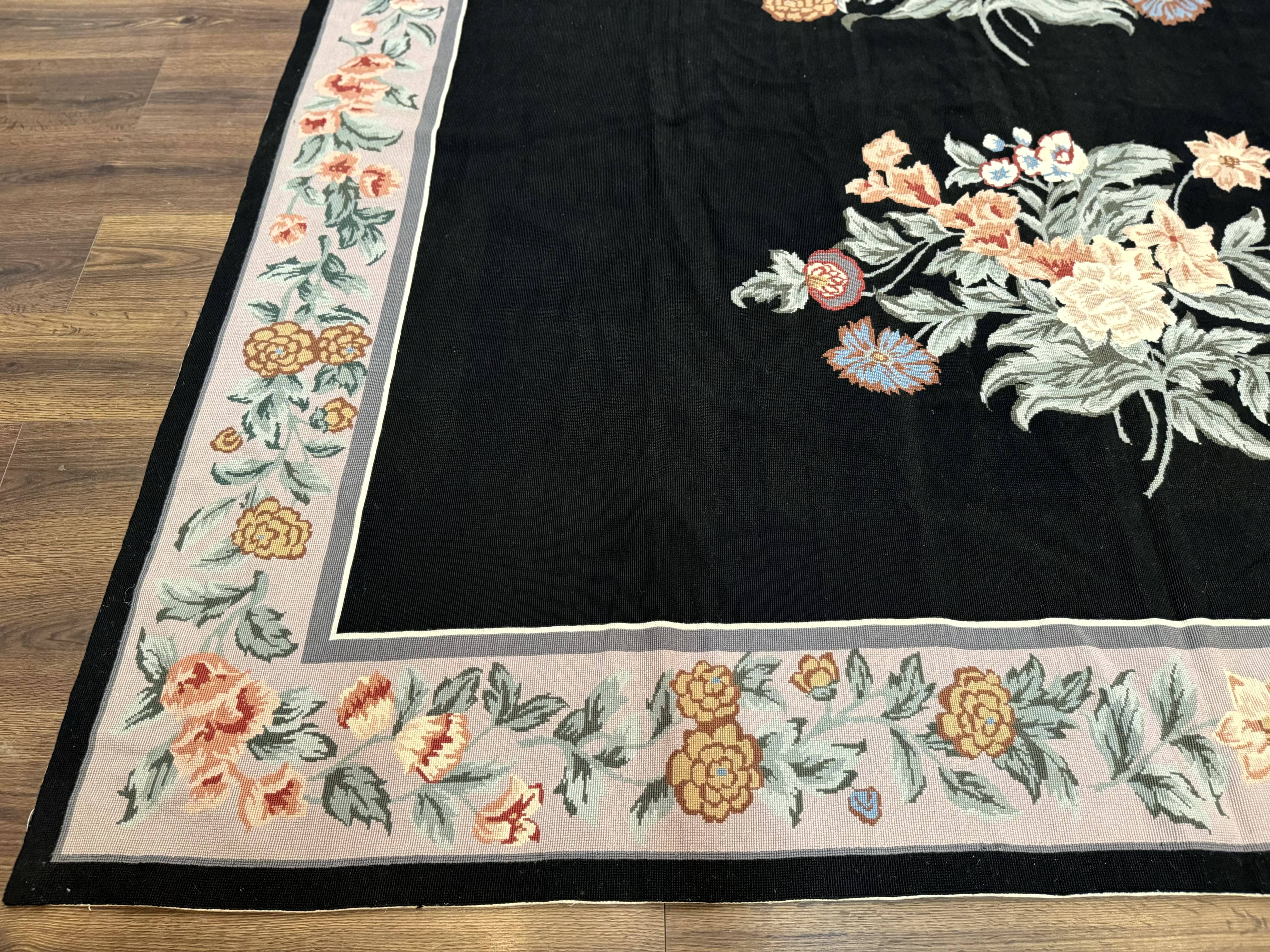 Black Needlepoint Rug 8x11 with Multicolor Flowers, Vintage Carpet - Jewel Rugs