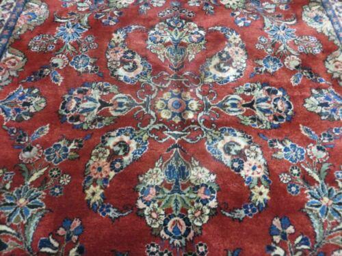 Antique Persian Qazvin Rug 6x9, Wool Hand-Knotted Oriental Carpet 6 x 9, Allover Floral Sarouk Design, 1940s Vintage Carpet, Red Navy Blue Cream - Jewel Rugs