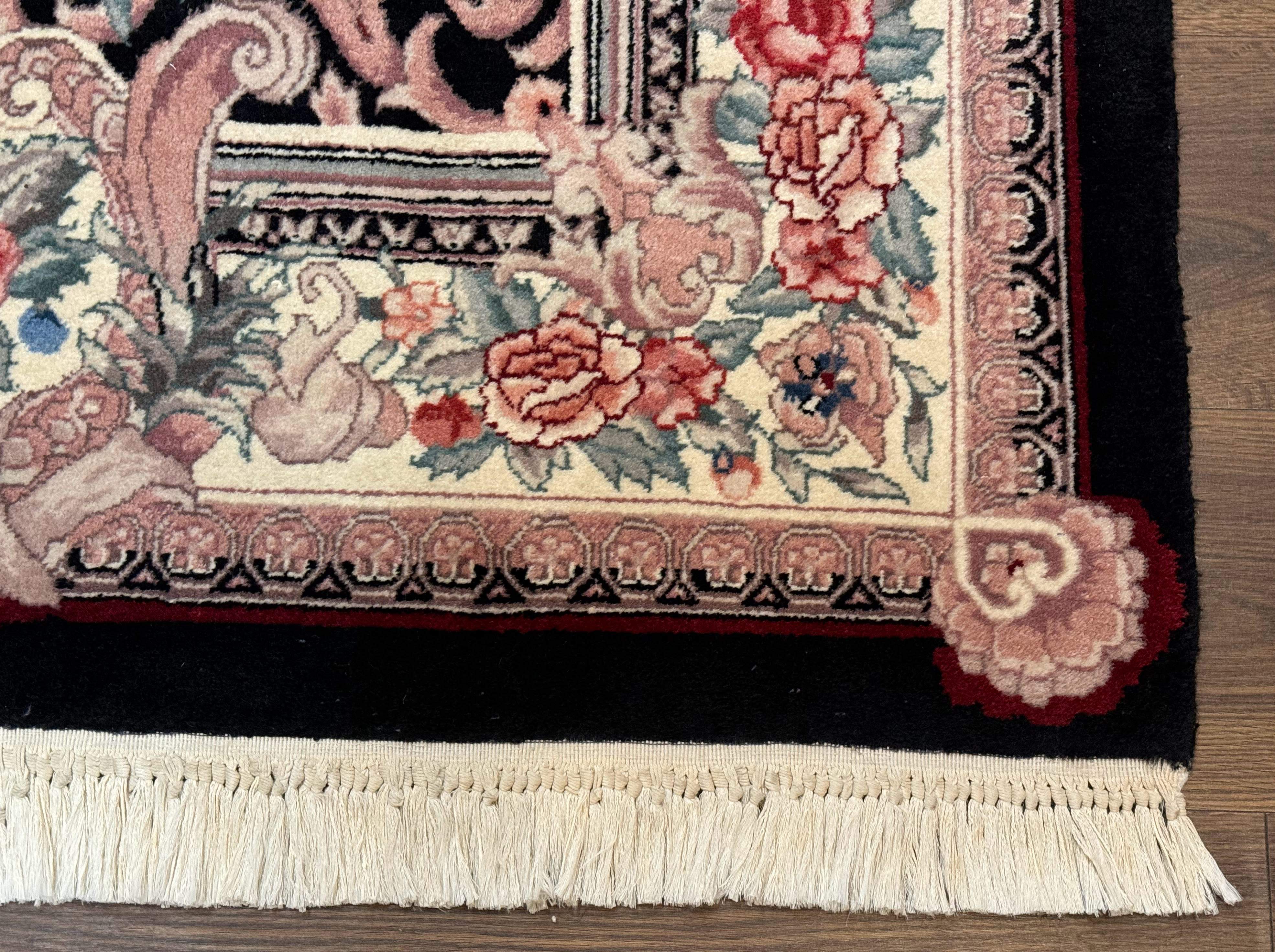 Aubusson Rug 4x6, Elegant European Floral Design, Black and Ivory, Fine 200 KPSI - Jewel Rugs