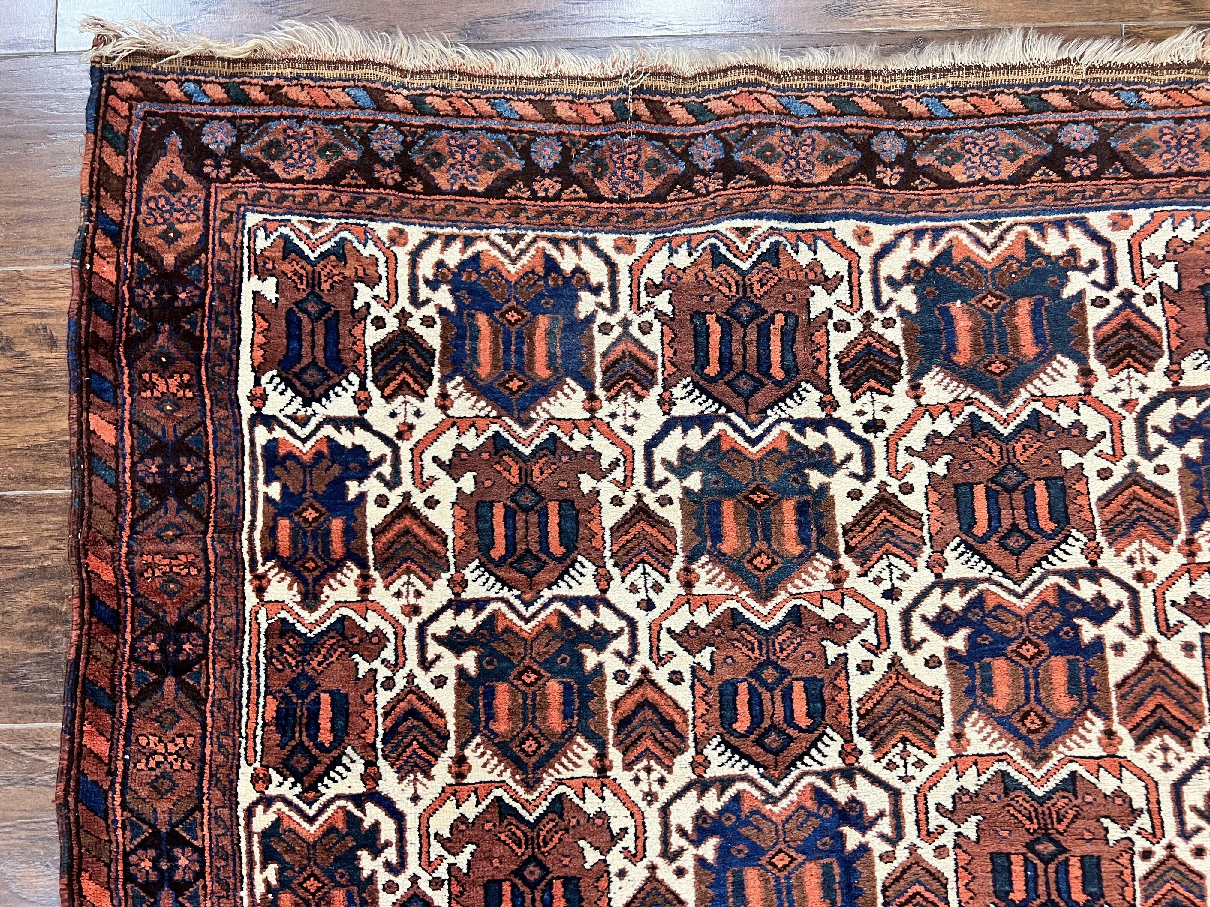 Persian Afshar Rug 4x5, Repeated Motif, Ivory & Burgundy, Wool Tribal Oriental Carpet, Handmade Vintage Semi Antique Medium Sized Rug - Jewel Rugs