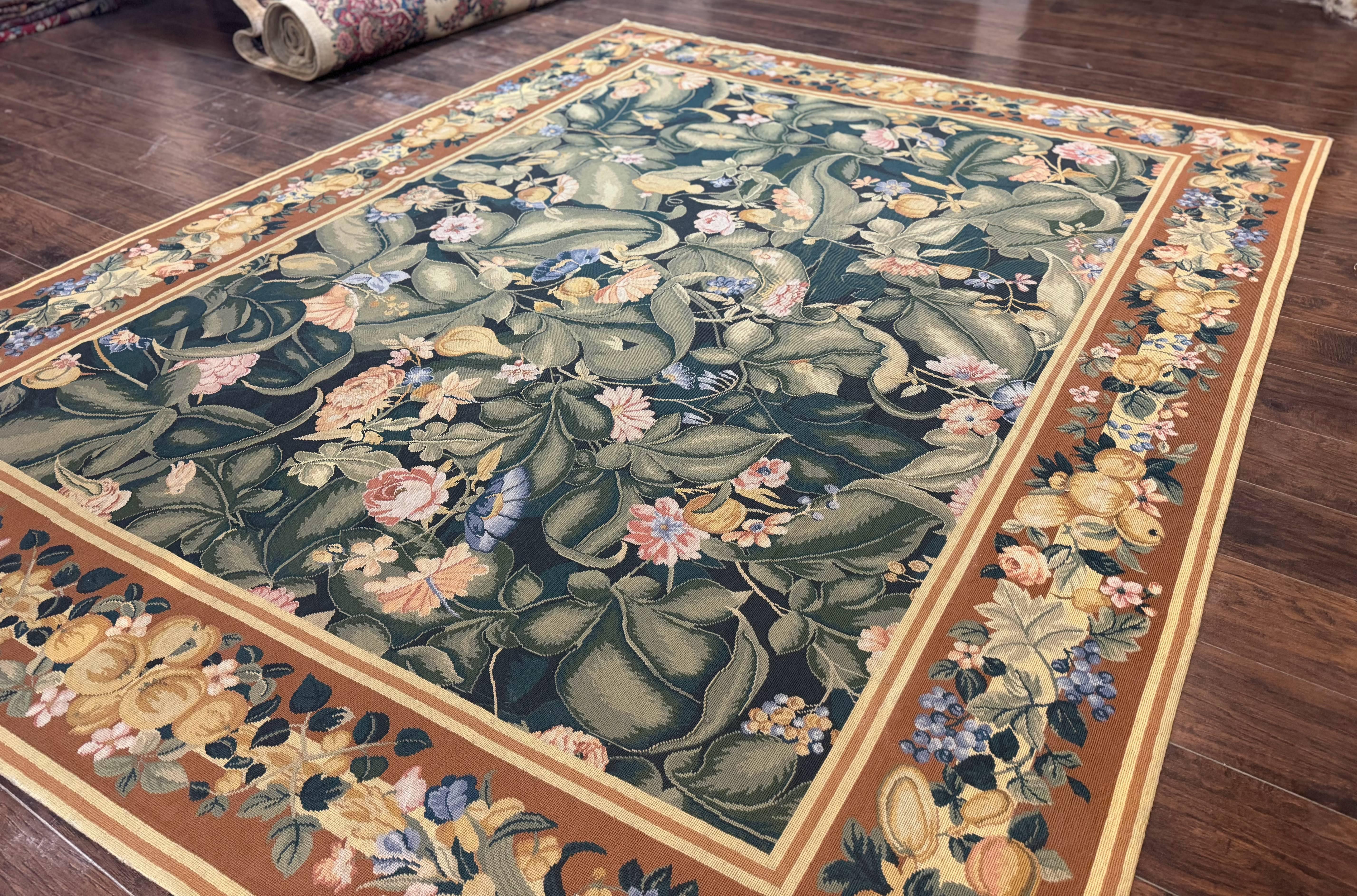 Needlepoint Rug 8x10, Vintage, Handmade, Wool, Green, Leaves & Fruits - Jewel Rugs