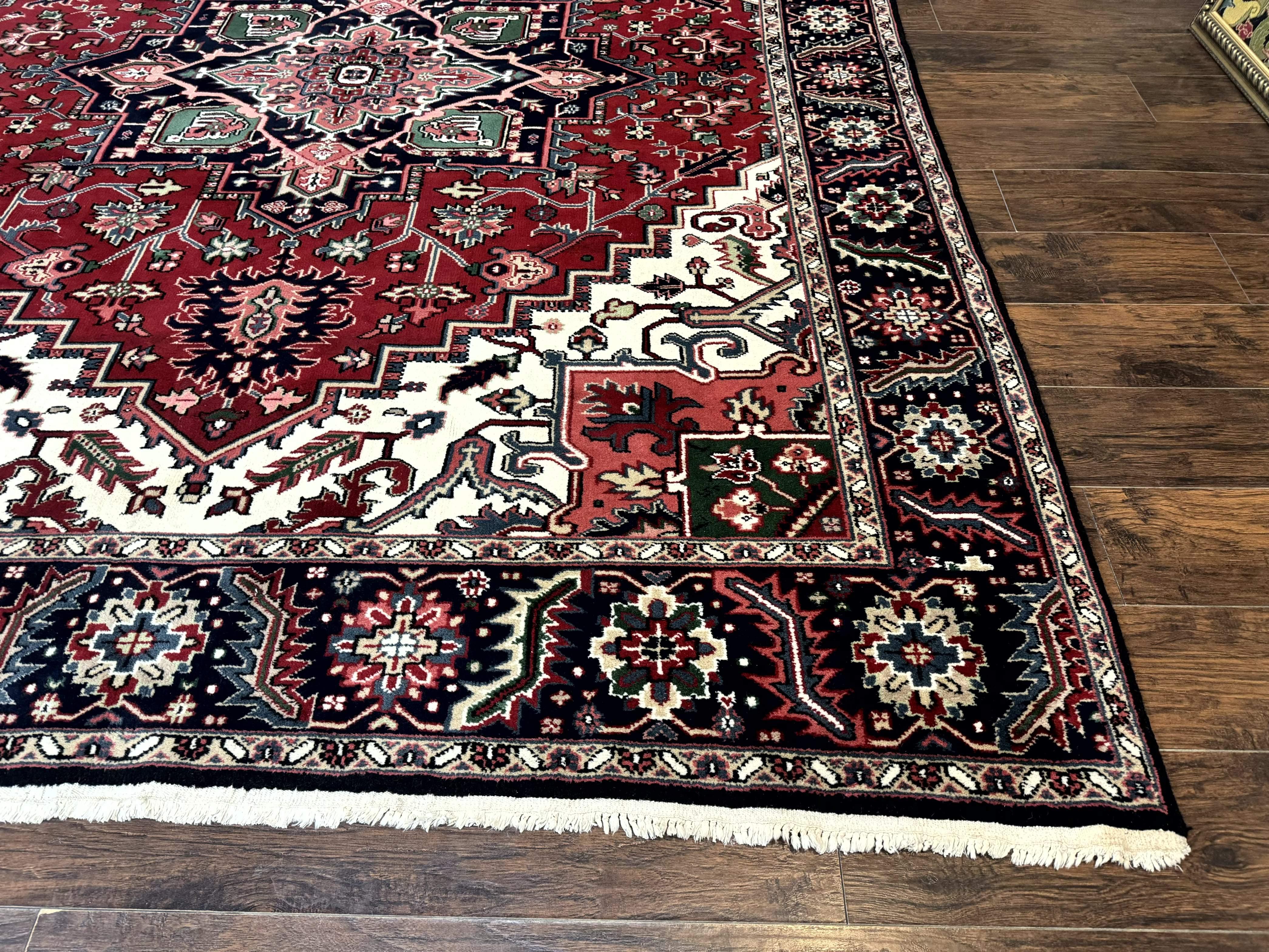 Indo Persian Heriz Rug 8x10, Geometric Medallion, Brick Red Ivory Navy Blue, Room Sized Heriz Carpet, Wool Rug - Jewel Rugs