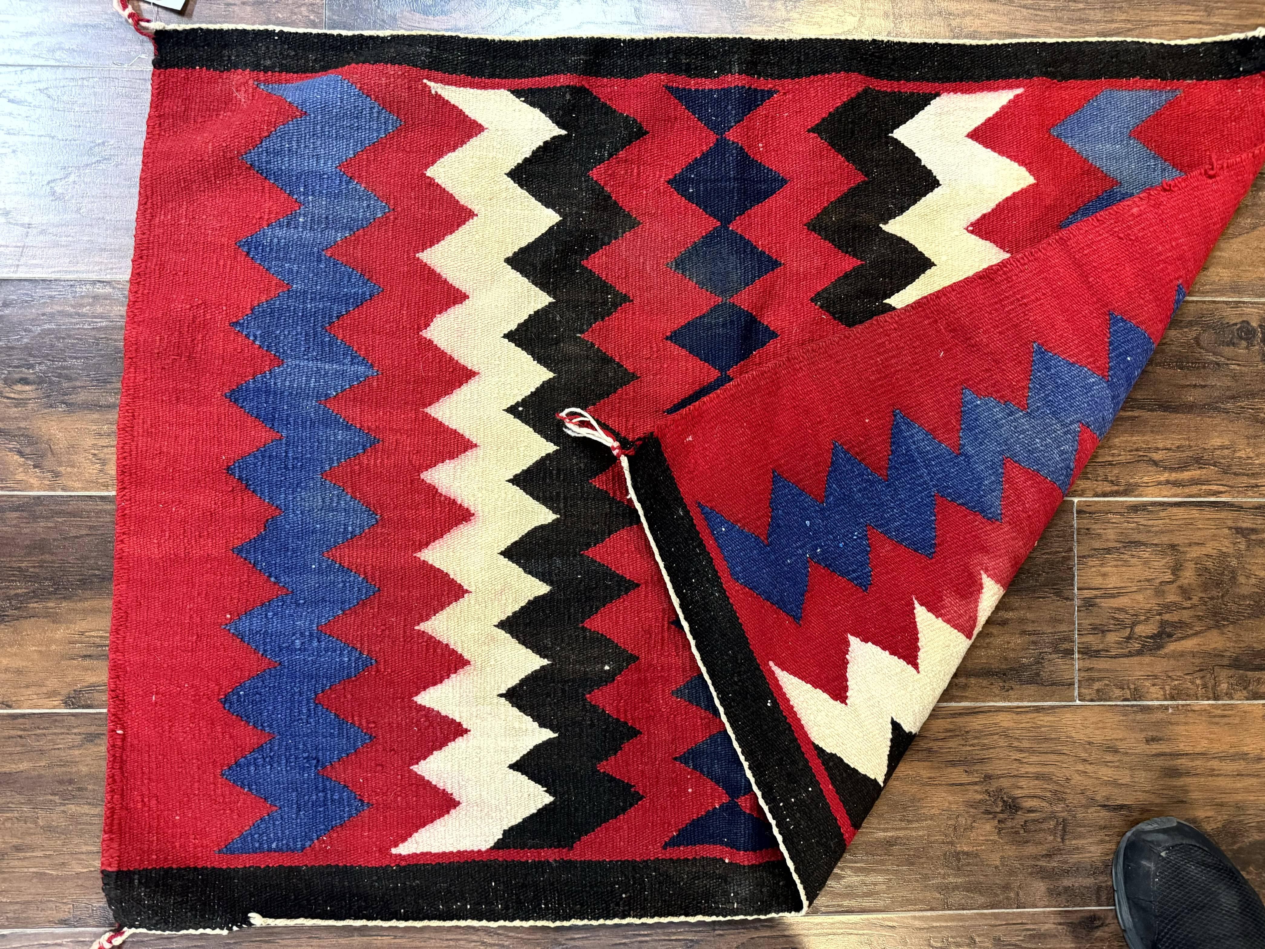 Antique Navajo Rug 3.7 x 2.8, Red Ivory Blue, Zig Zag Pattern, Handmade, Wool - Jewel Rugs