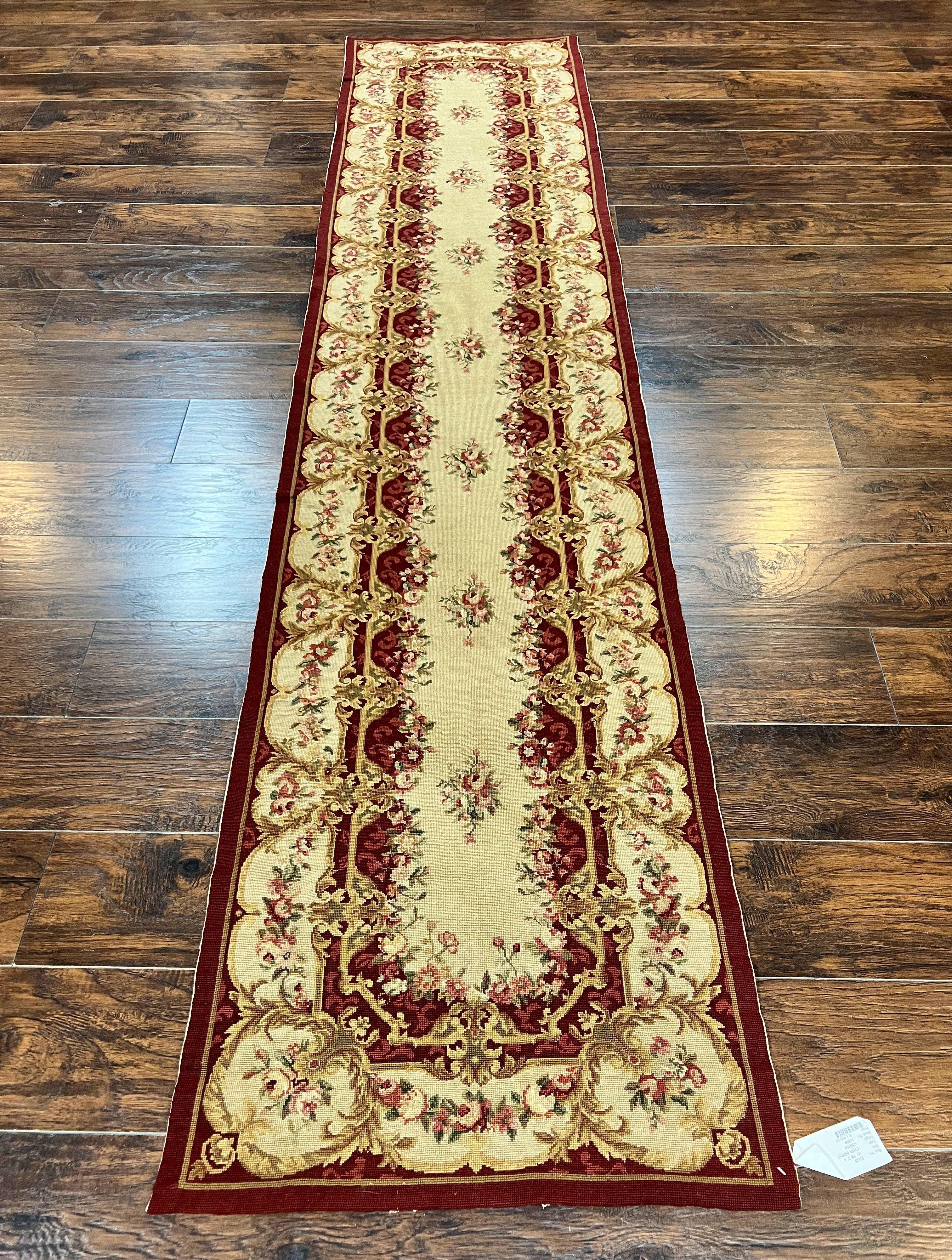 Needlepoint Runner Rug 2.5 x 10.7, Tan Runner Rug, Flatweave Runner, Aubusson European Design, Needlepoint Rug, Long Runner, Hallway Rug - Jewel Rugs